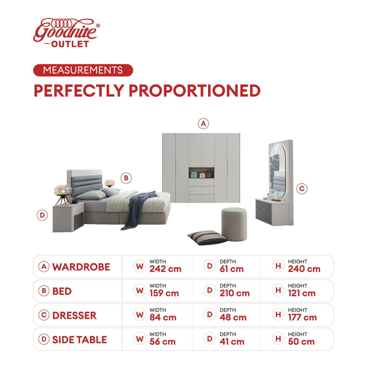 Goodnite Queen/ King Bedroom Set, Bedframe + Wardrobe + Dresser + Side Table (Axion)