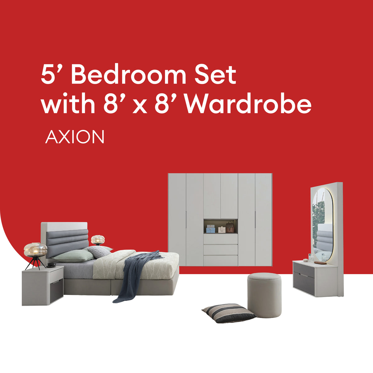 Goodnite Queen/ King Bedroom Set, Bedframe + Wardrobe + Dresser + Side Table (Axion)