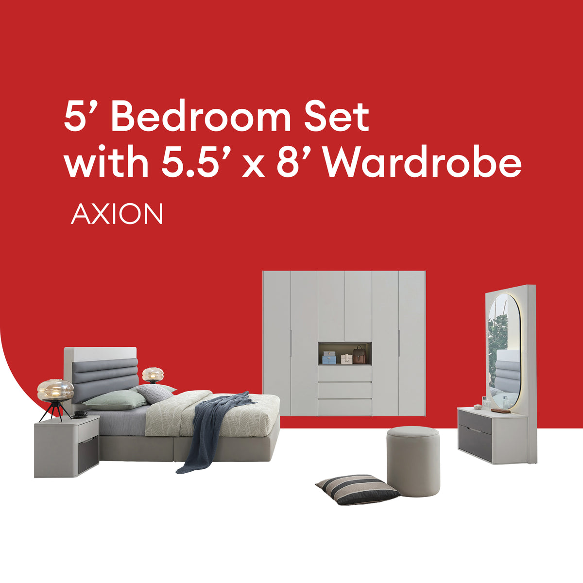 Goodnite Queen/ King Bedroom Set, Bedframe + Wardrobe + Dresser + Side Table (Axion)