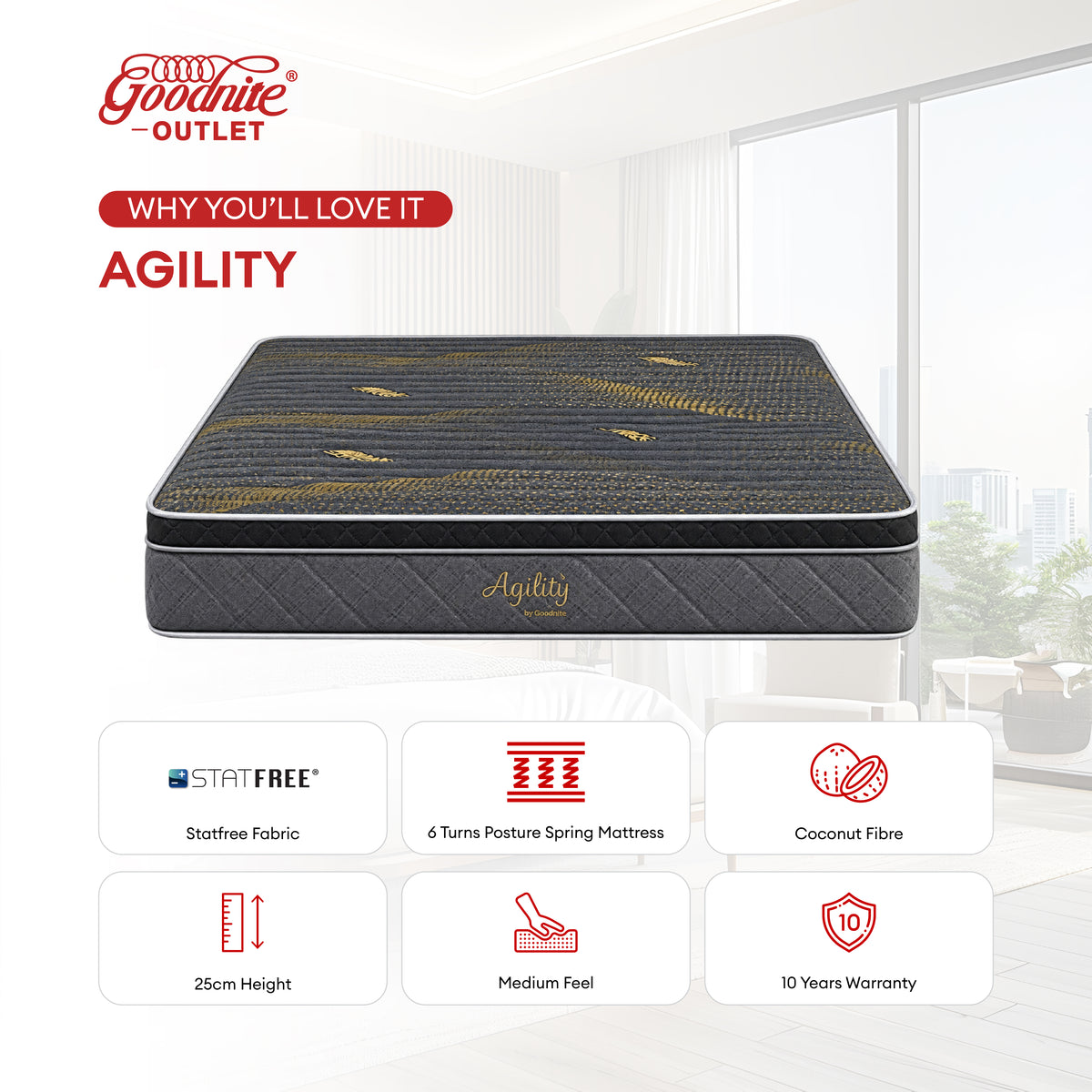 Goodnite Agility 6 Turn Posture Spring Mattress (10 Inch) with Single/ Super Single/ Queen/ King