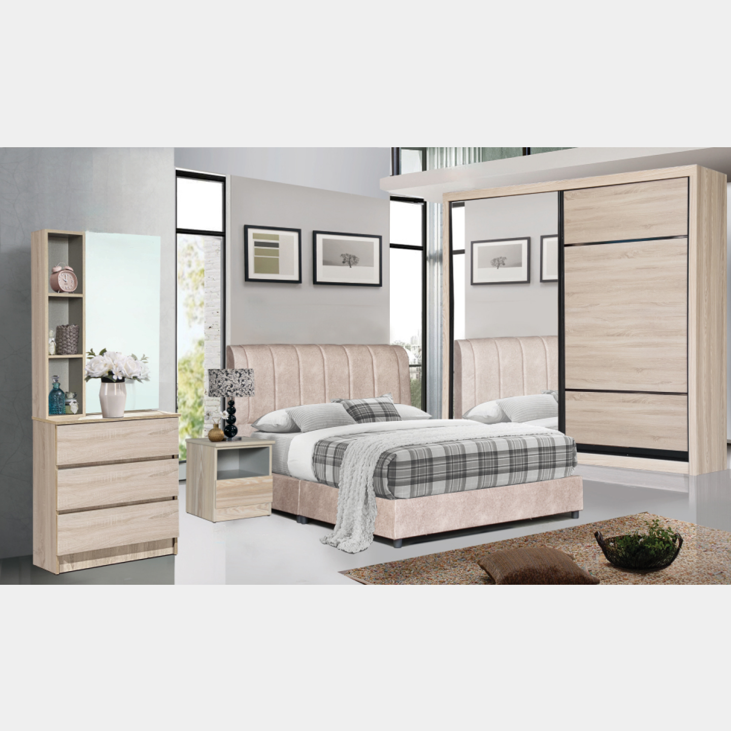 Goodnite Queen/ King Bedroom Set, Bedframe + Wardrobe + Dresser + Side Table (BPO-750)