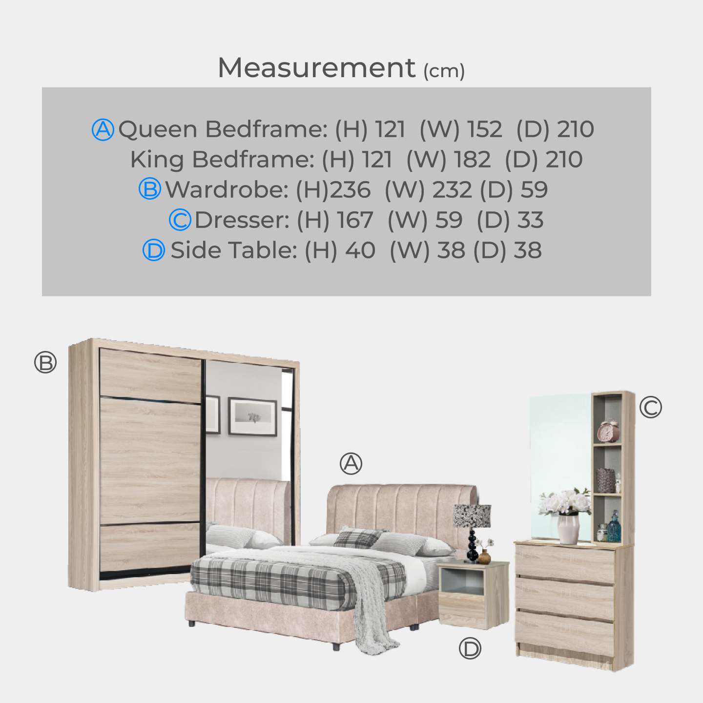 Goodnite Queen/ King Bedroom Set, Bedframe + Wardrobe + Dresser + Side Table (BPO-750)