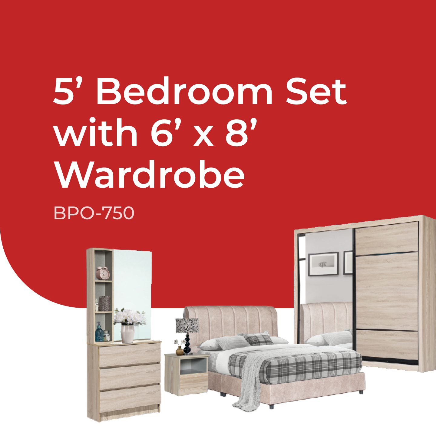 Goodnite Queen/ King Bedroom Set, Bedframe + Wardrobe + Dresser + Side Table (BPO-750)