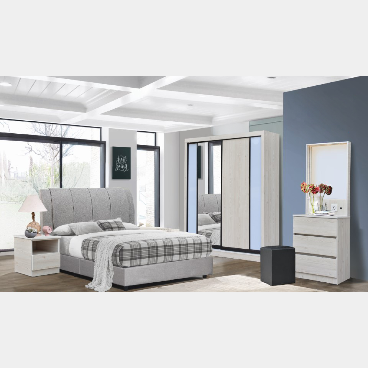 Goodnite Queen/ King Bedroom Set, Bedframe + Wardrobe + Dresser + Side Table (BPO-810-5C)
