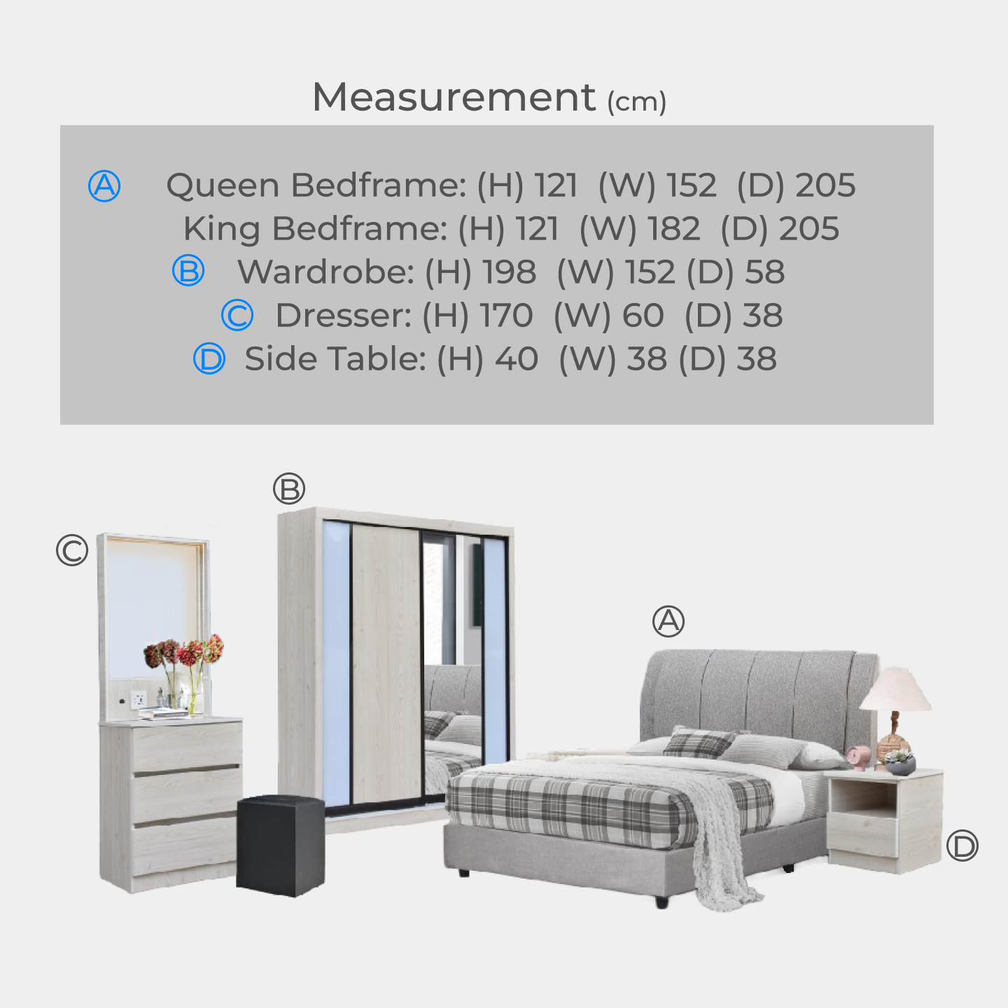 Goodnite Queen/ King Bedroom Set, Bedframe + Wardrobe + Dresser + Side Table (BPO-810-5C)