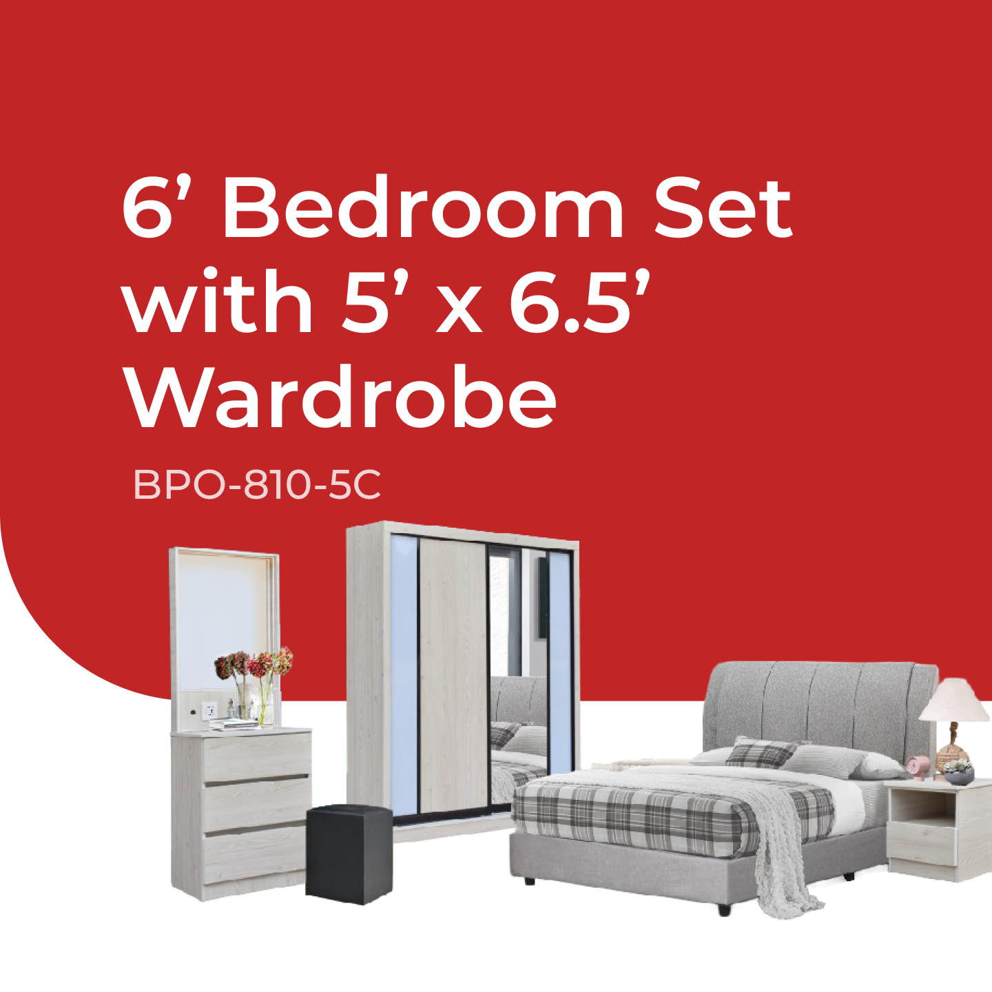 Goodnite Queen/ King Bedroom Set, Bedframe + Wardrobe + Dresser + Side Table (BPO-810-5C)