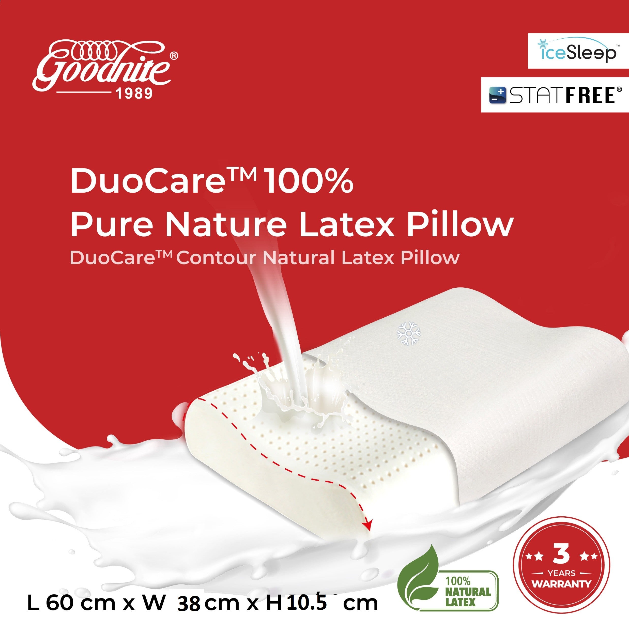 Goodnite Duocare™ Contour Natural Latex Pillow 60cm x 38cm x 10.5cm (Statfree® + IceSleep®)