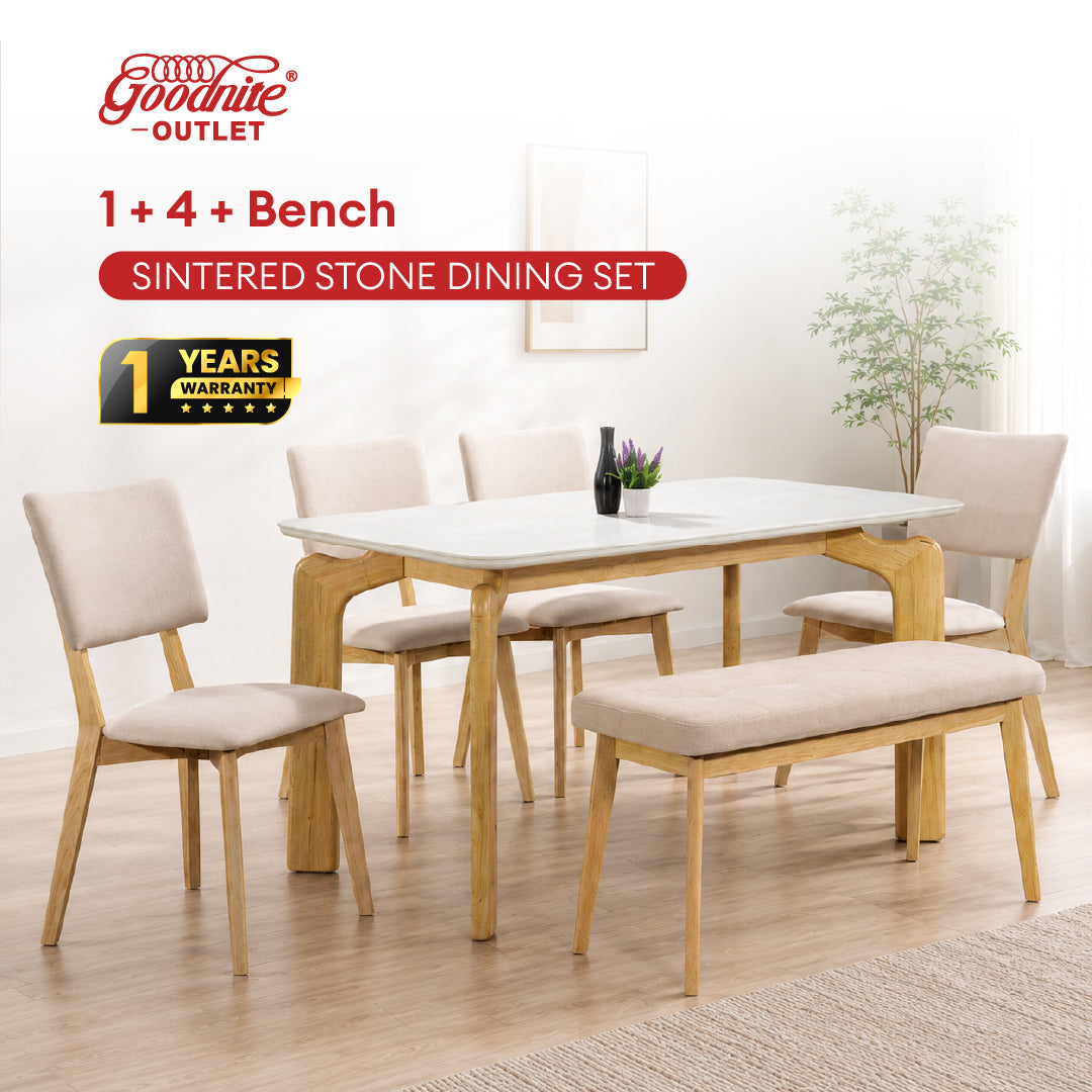 Goodnite (1+4+Bench) Sintered Stone Dining Set, Sintered Stone Top, Solid Rubber Wood, Fabric Chair