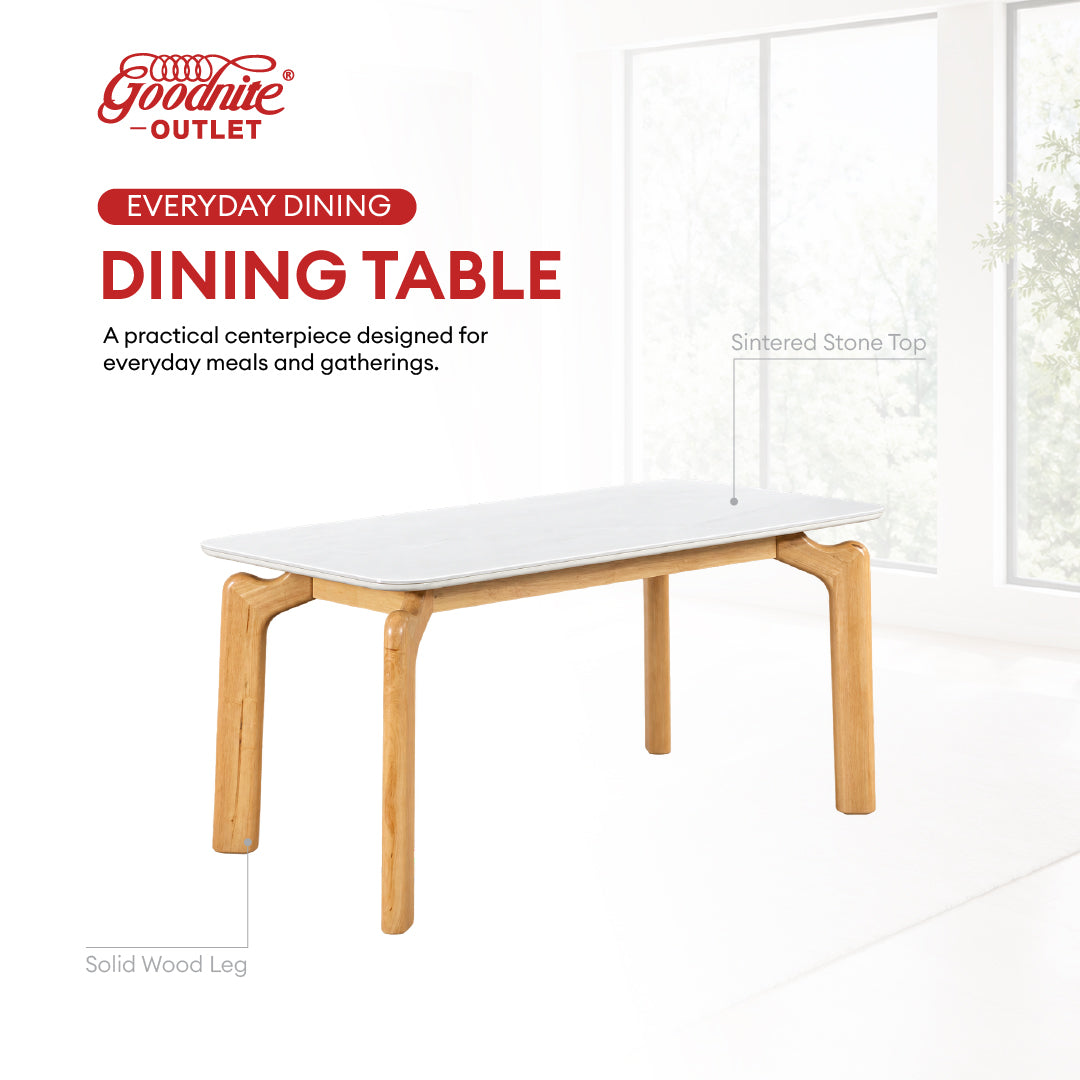 Goodnite (1+4+Bench) Sintered Stone Dining Set, Sintered Stone Top, Solid Rubber Wood, Fabric Chair