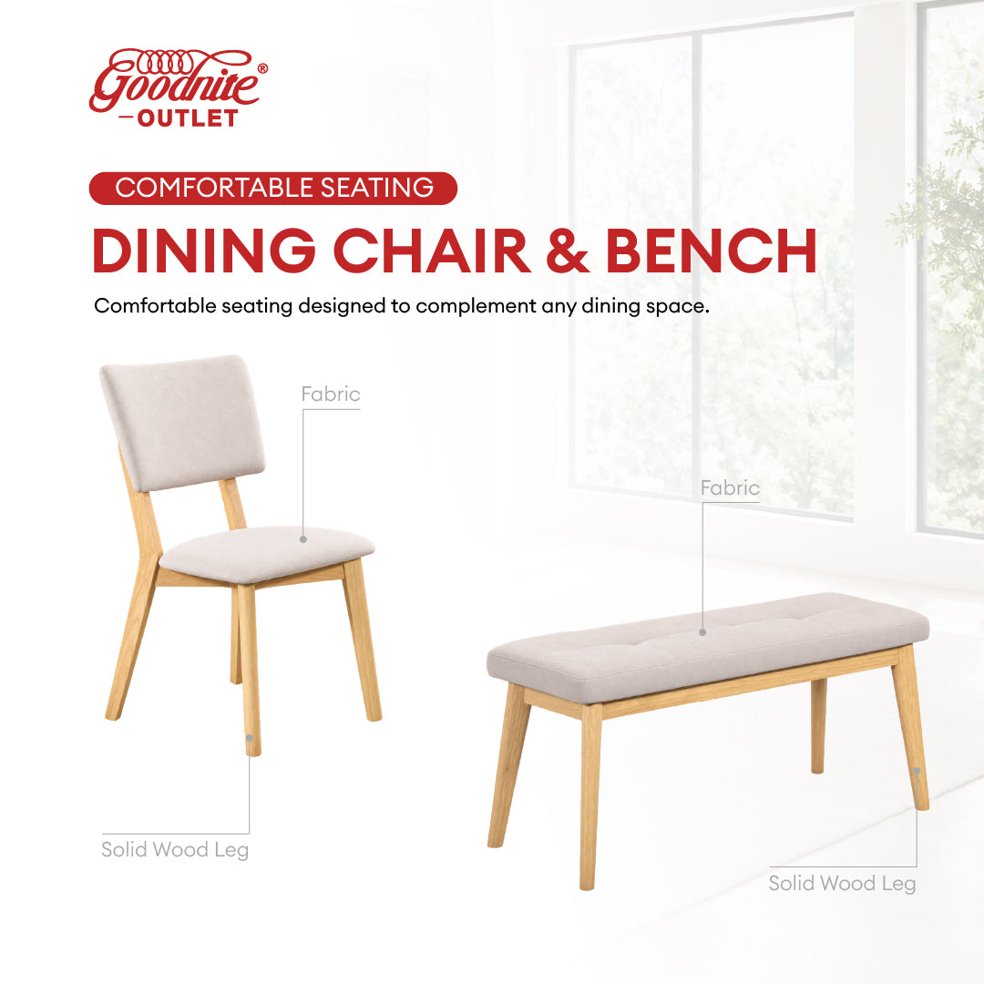 Goodnite (1+4+Bench) Sintered Stone Dining Set, Sintered Stone Top, Solid Rubber Wood, Fabric Chair