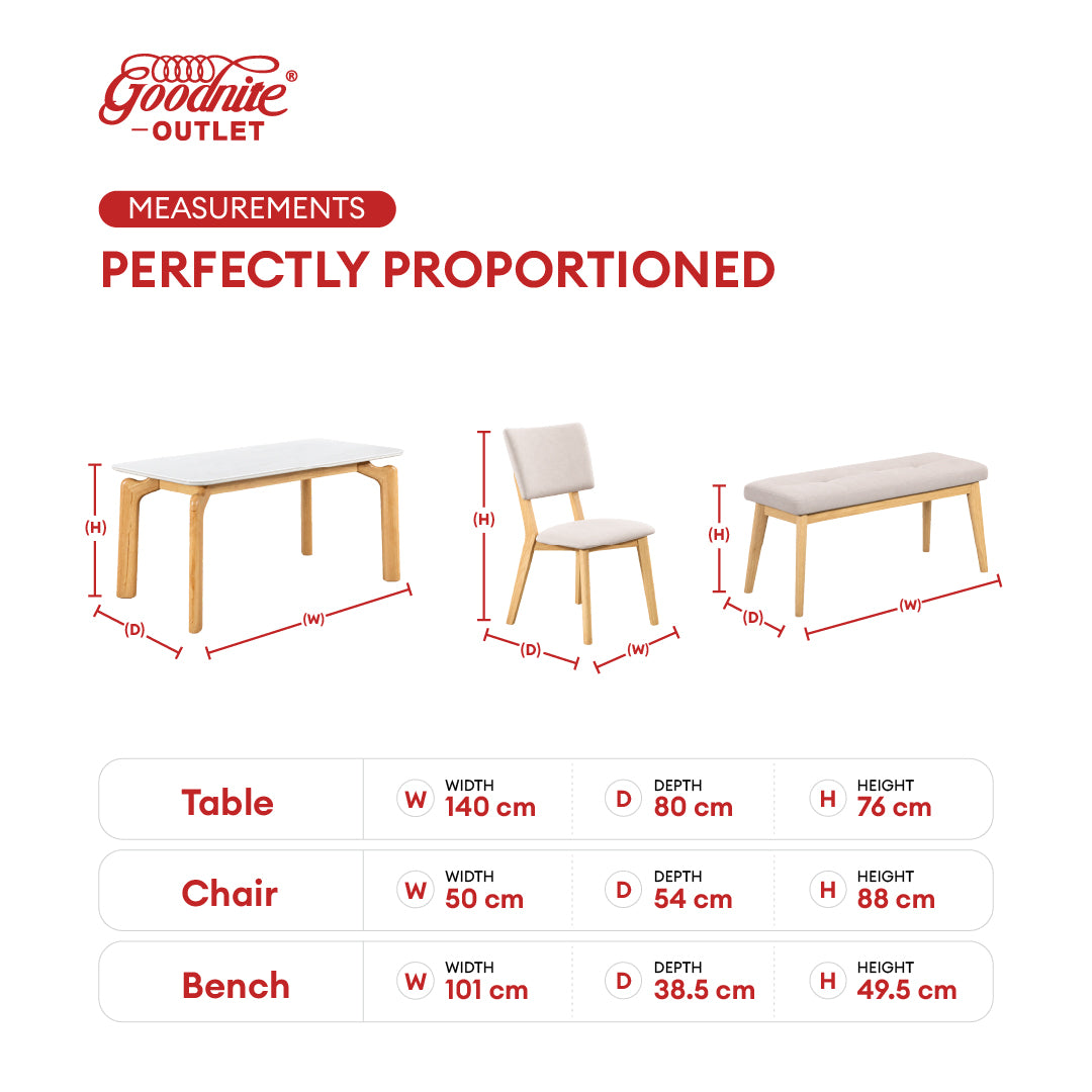 Goodnite (1+4+Bench) Sintered Stone Dining Set, Sintered Stone Top, Solid Rubber Wood, Fabric Chair