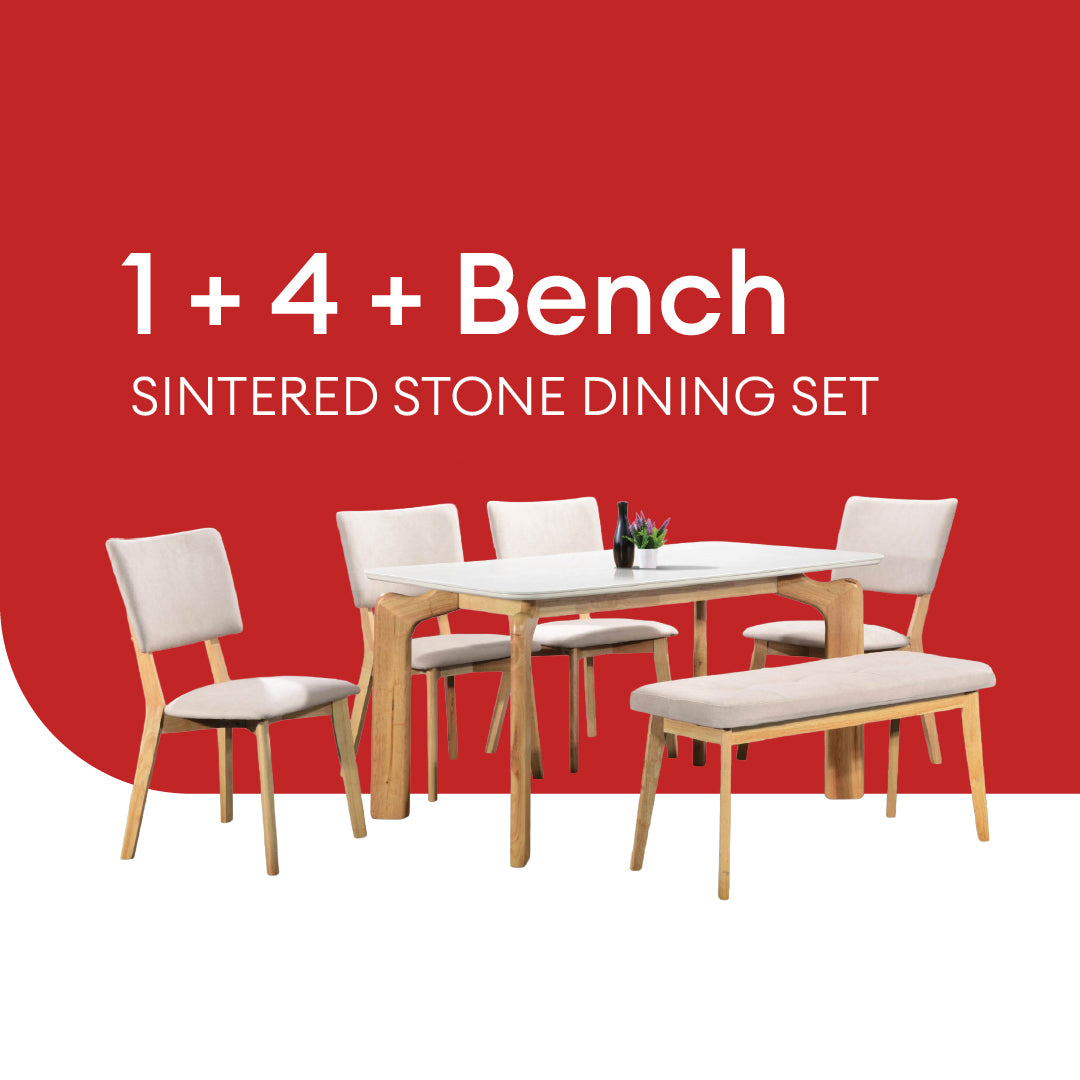 Goodnite (1+4+Bench) Sintered Stone Dining Set, Sintered Stone Top, Solid Rubber Wood, Fabric Chair