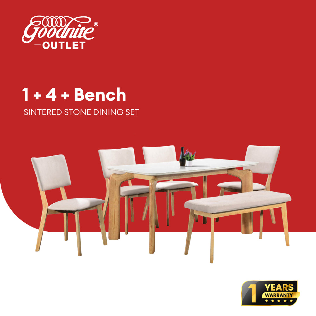 Goodnite (1+4+Bench) Sintered Stone Dining Set, Sintered Stone Top, Solid Rubber Wood, Fabric Chair