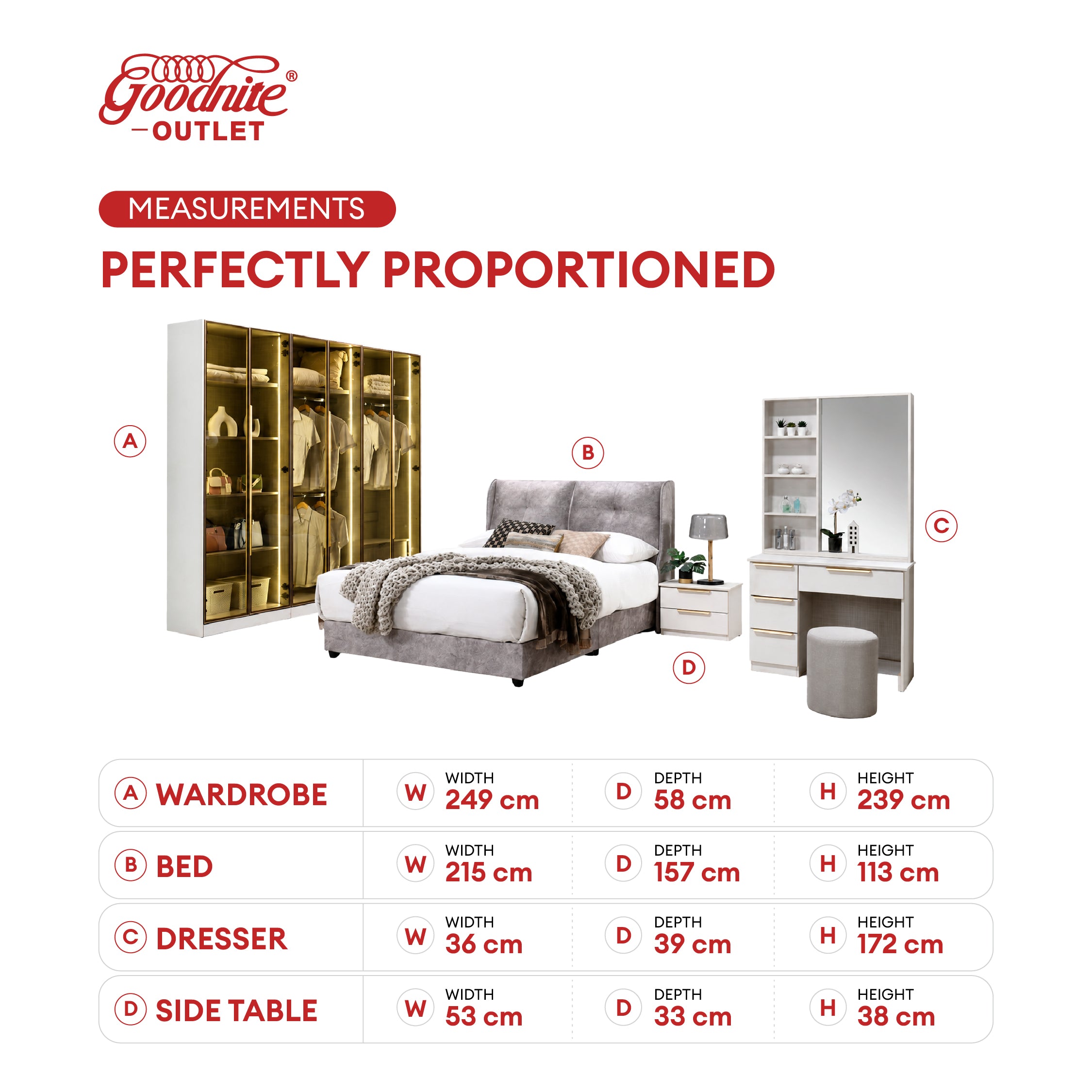 Goodnite Queen/ King Bedroom Set, Bedframe + Wardrobe + Dresser + Side Table (GN1015)