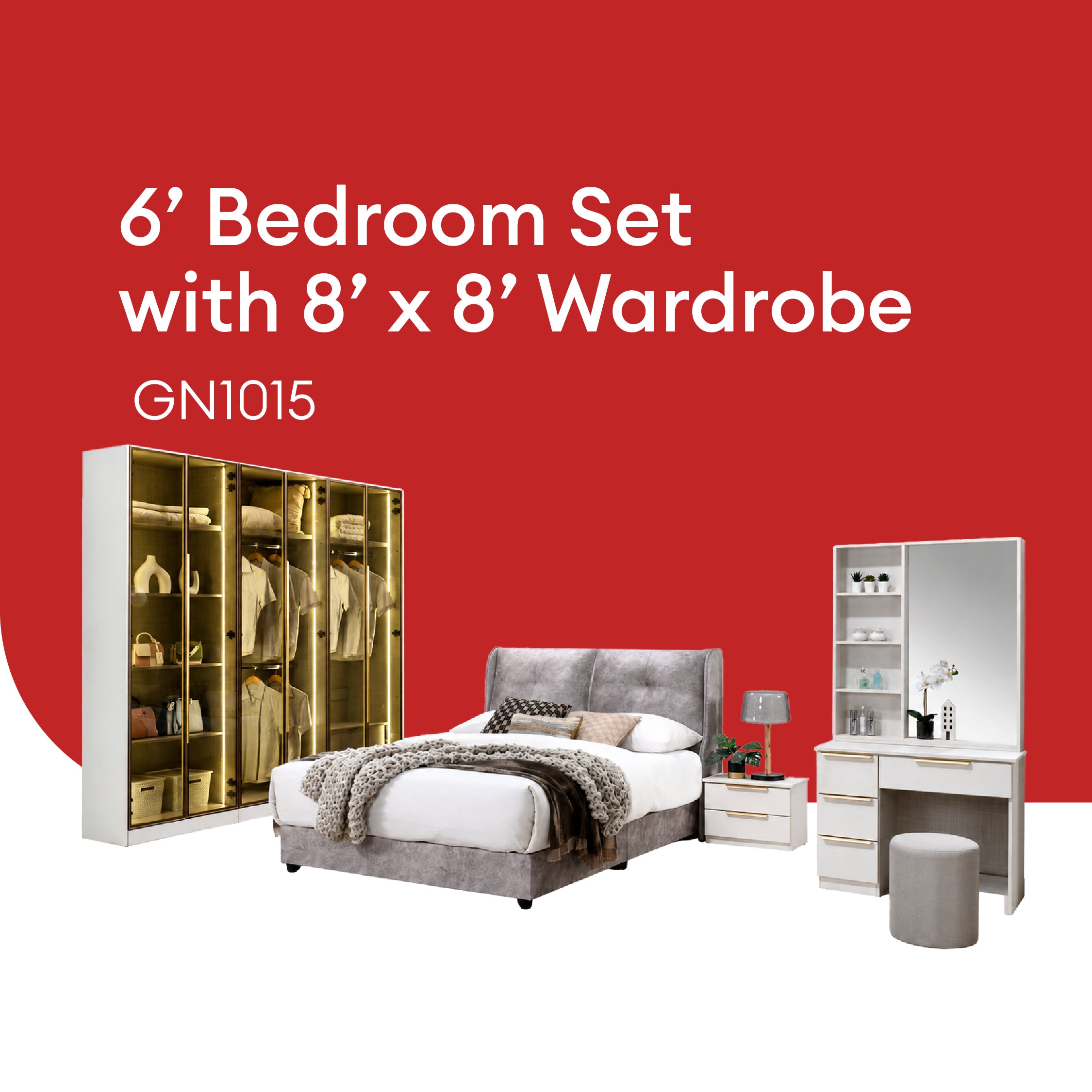 Goodnite Queen/ King Bedroom Set, Bedframe + Wardrobe + Dresser + Side Table (GN1015)