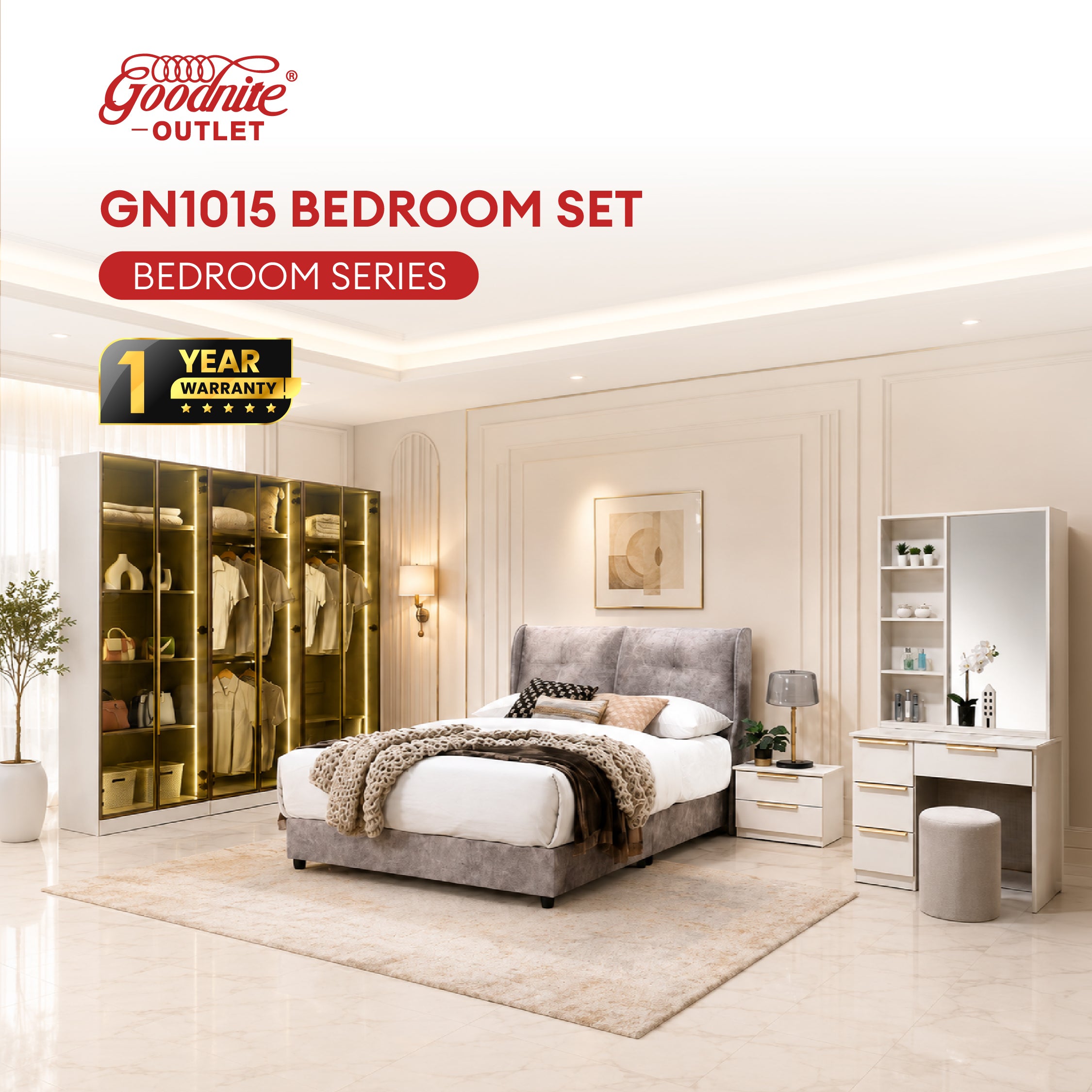 Goodnite Queen/ King Bedroom Set, Bedframe + Wardrobe + Dresser + Side Table (GN1015)