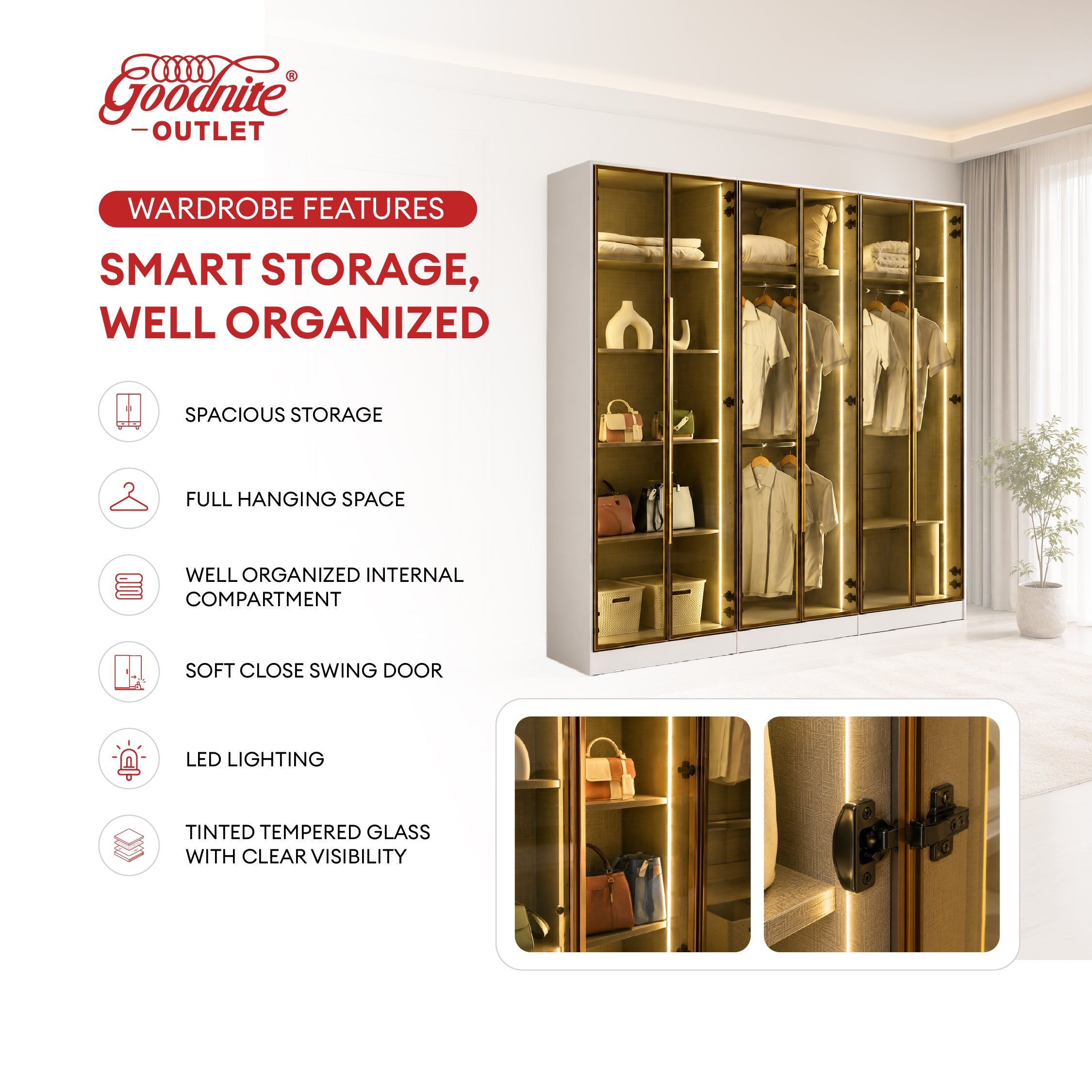 Goodnite Queen/ King Bedroom Set, Bedframe + Wardrobe + Dresser + Side Table (GN1015)