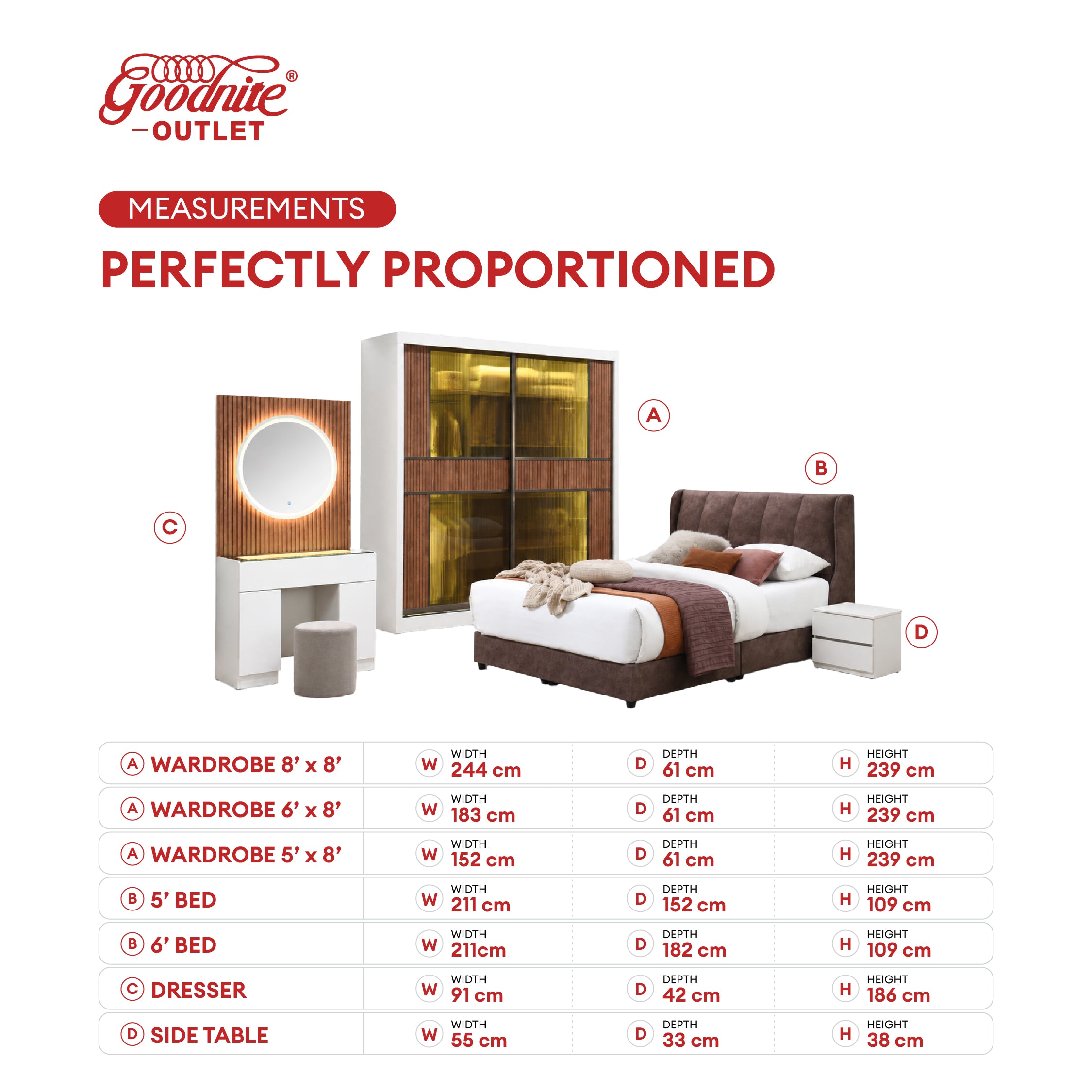 Goodnite Queen/ King Bedroom Set, Bedframe + Wardrobe + Dresser + Side Table (GN1016)