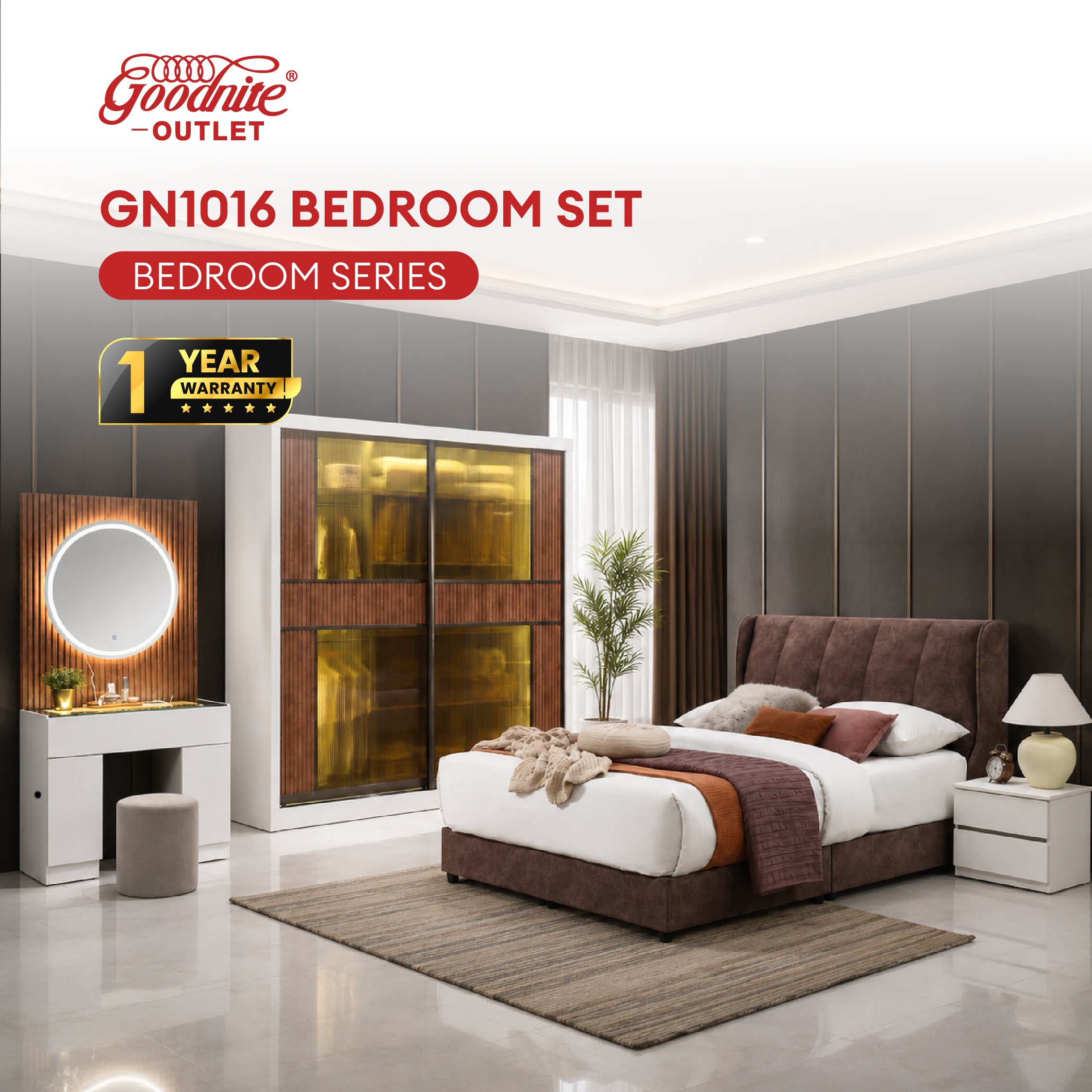 Goodnite Queen/ King Bedroom Set, Bedframe + Wardrobe + Dresser + Side Table (GN1016)