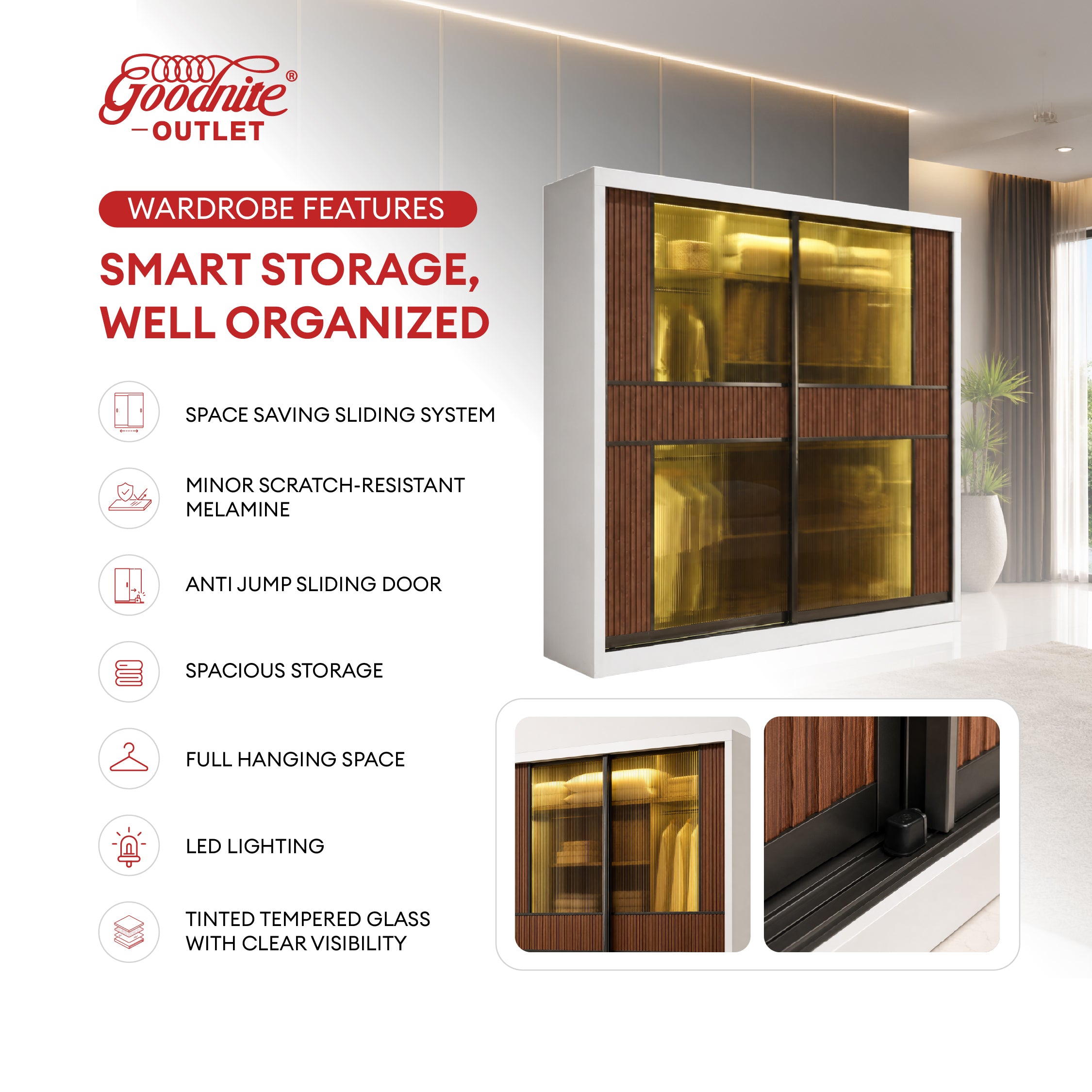Goodnite Queen/ King Bedroom Set, Bedframe + Wardrobe + Dresser + Side Table (GN1016)