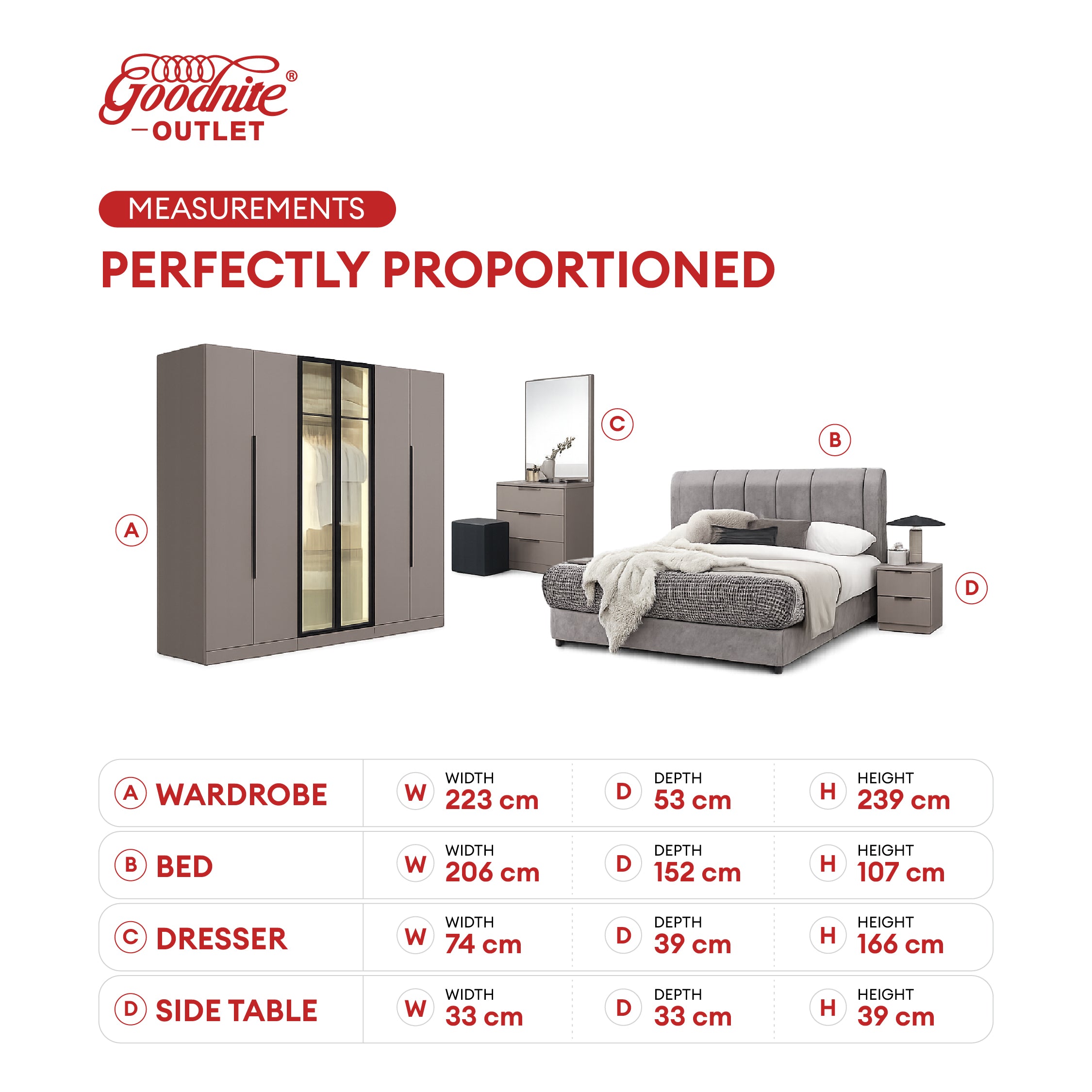 Goodnite Queen/ King Bedroom Set, Bedframe + Wardrobe + Dresser + Side Table (GN777)