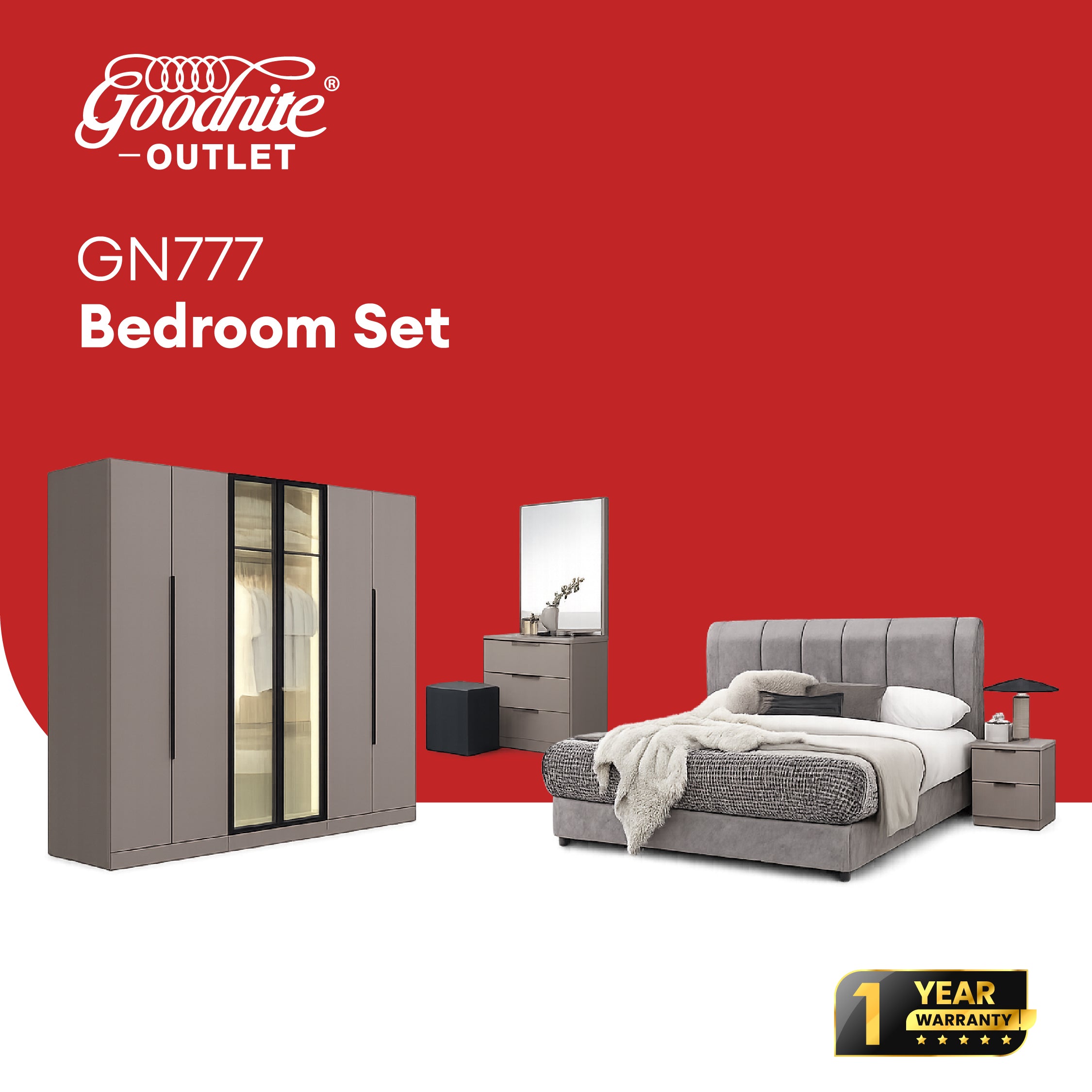 Goodnite Queen/ King Bedroom Set, Bedframe + Wardrobe + Dresser + Side Table (GN777)