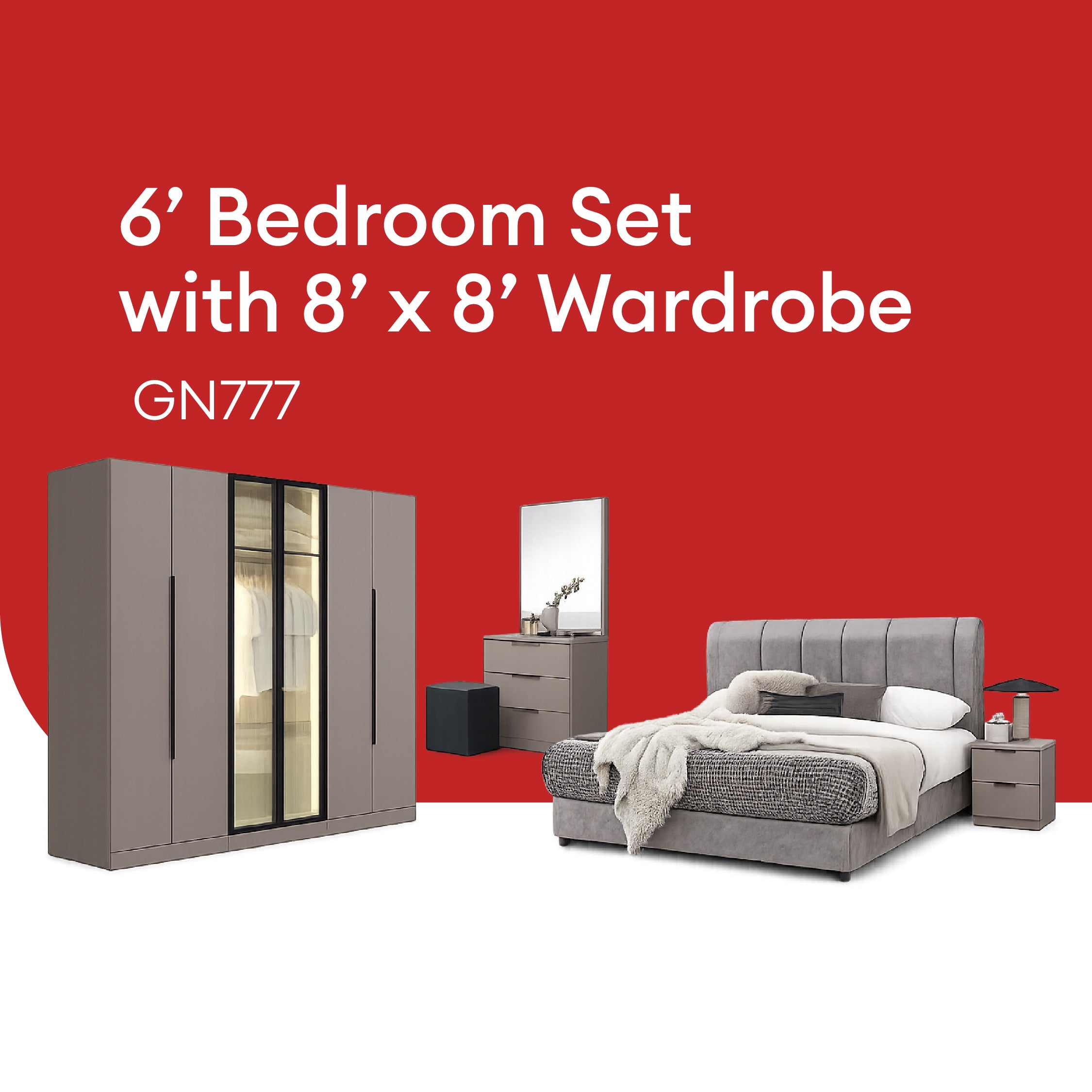 Goodnite Queen/ King Bedroom Set, Bedframe + Wardrobe + Dresser + Side Table (GN777)