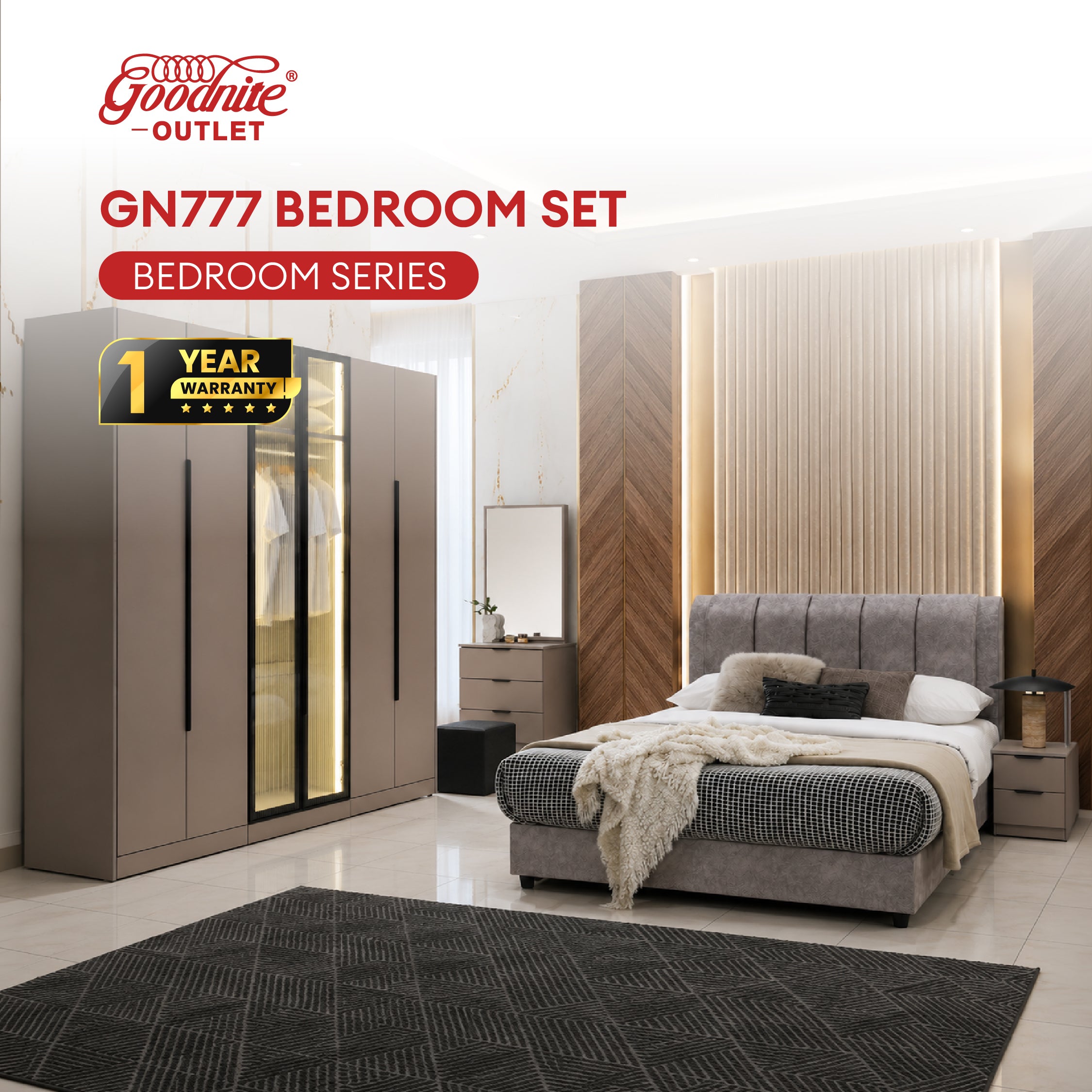 Goodnite Queen/ King Bedroom Set, Bedframe + Wardrobe + Dresser + Side Table (GN777)