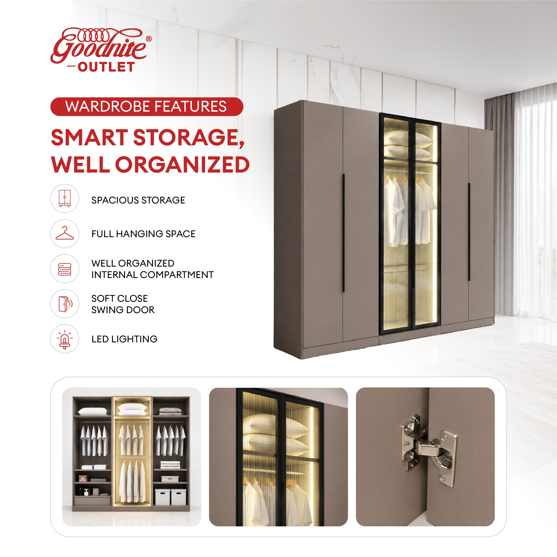 Goodnite Queen/ King Bedroom Set, Bedframe + Wardrobe + Dresser + Side Table (GN777)