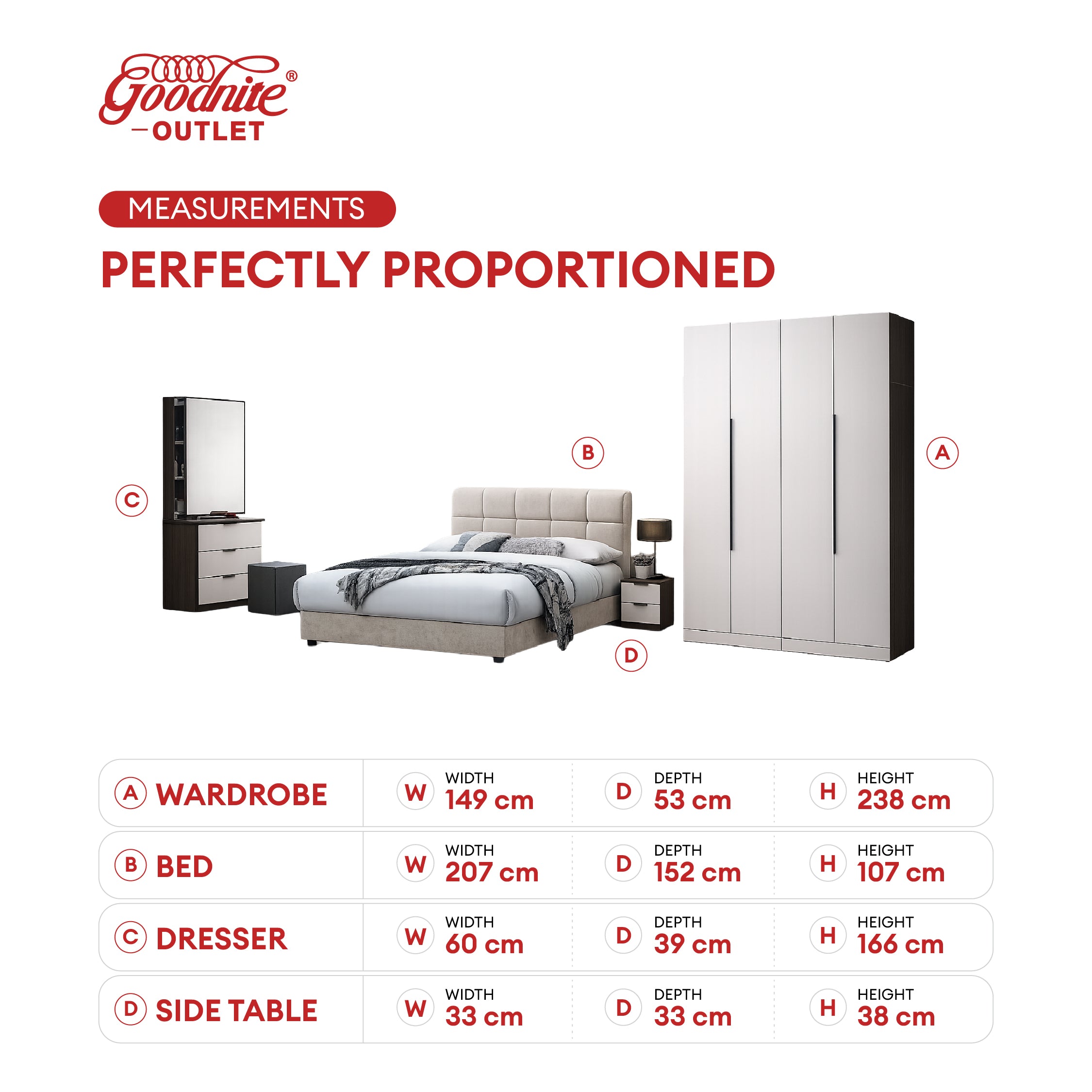Goodnite Queen Bedroom Set, Bedframe + Wardrobe + Dresser + Side Table (GN888)