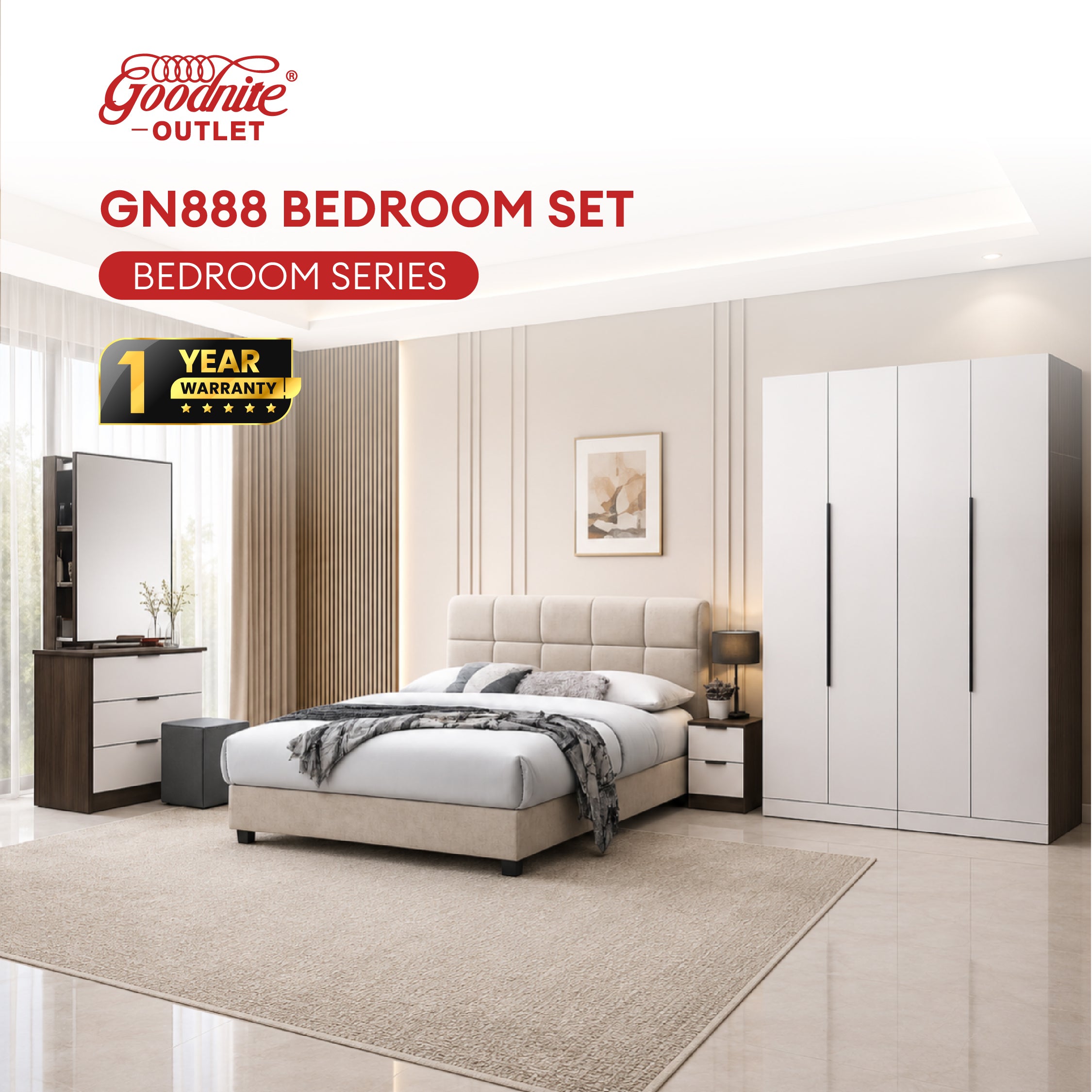 Goodnite Queen Bedroom Set, Bedframe + Wardrobe + Dresser + Side Table (GN888)