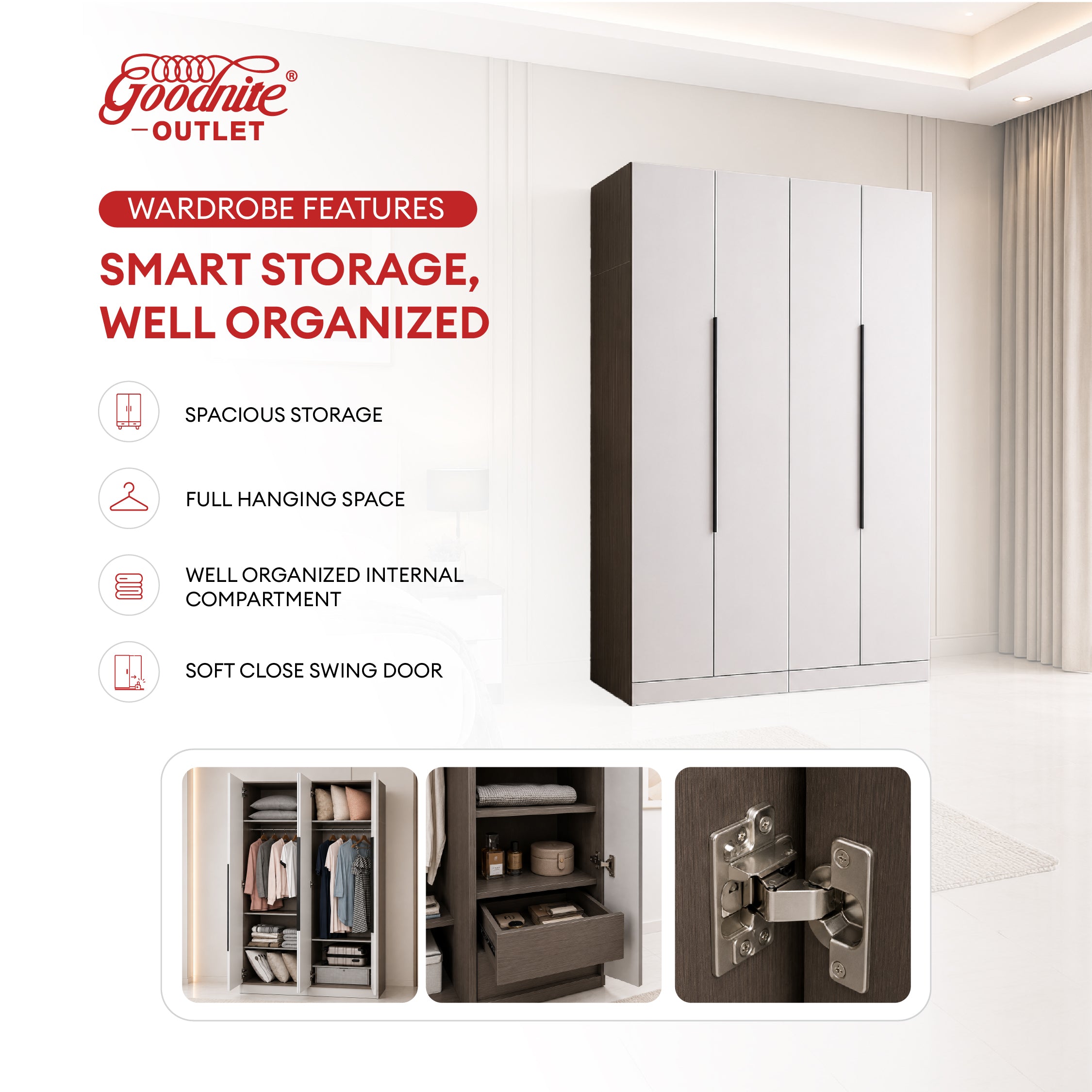 Goodnite Queen Bedroom Set, Bedframe + Wardrobe + Dresser + Side Table (GN888)
