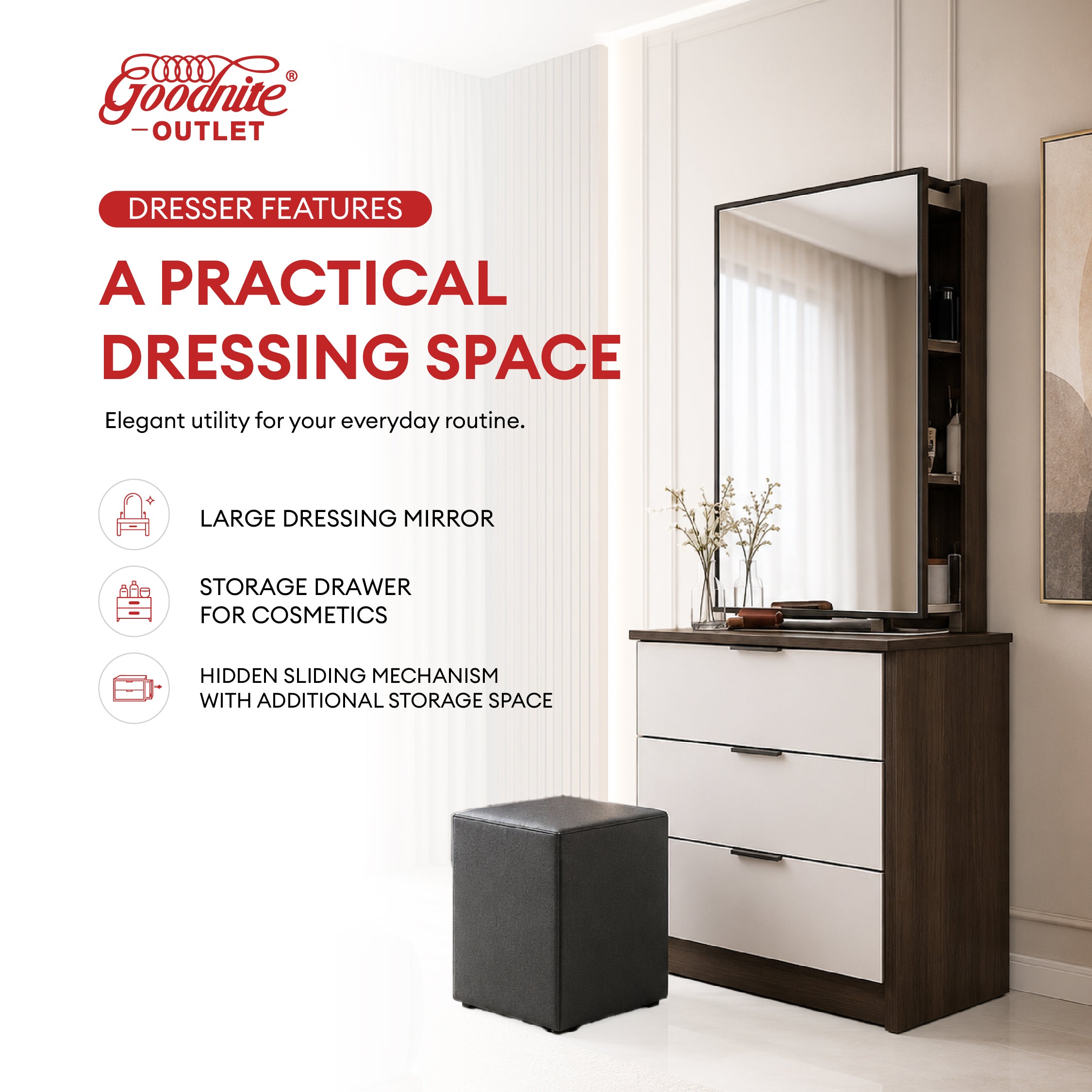 Goodnite Queen Bedroom Set, Bedframe + Wardrobe + Dresser + Side Table (GN888)