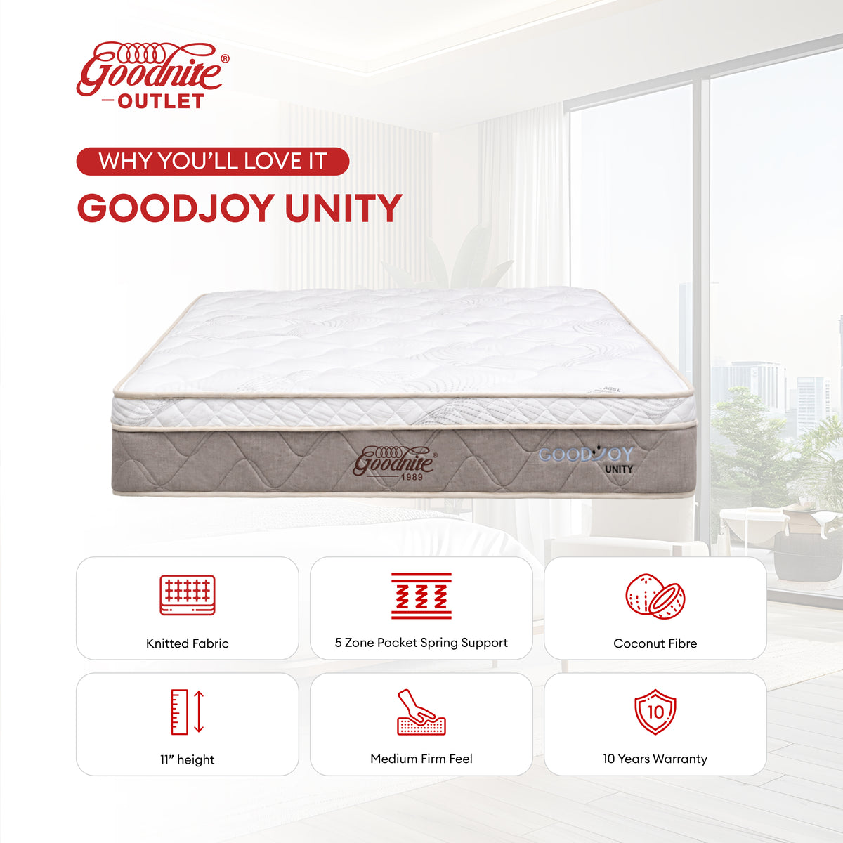 Goodnite GoodJoy Unity 5 Zone Pocket Spring Mattress (11 Inch) + CB002 Bedframe [Full Set]