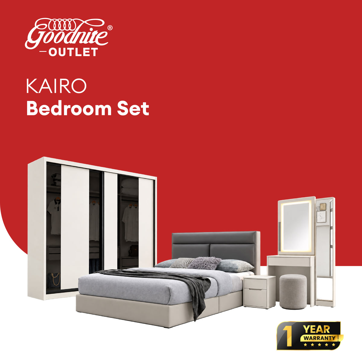 Goodnite Queen/ King Bedroom Set, Bedframe + Wardrobe + Dresser + Side Table (Kairo)