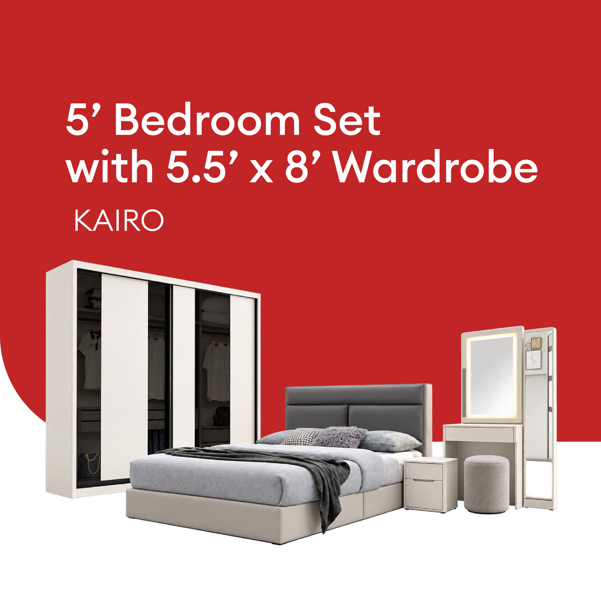 Goodnite Queen/ King Bedroom Set, Bedframe + Wardrobe + Dresser + Side Table (Kairo)