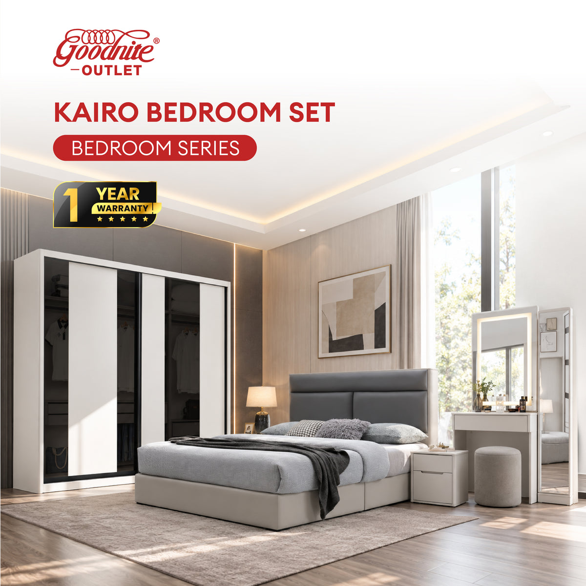 Goodnite Queen/ King Bedroom Set, Bedframe + Wardrobe + Dresser + Side Table (Kairo)