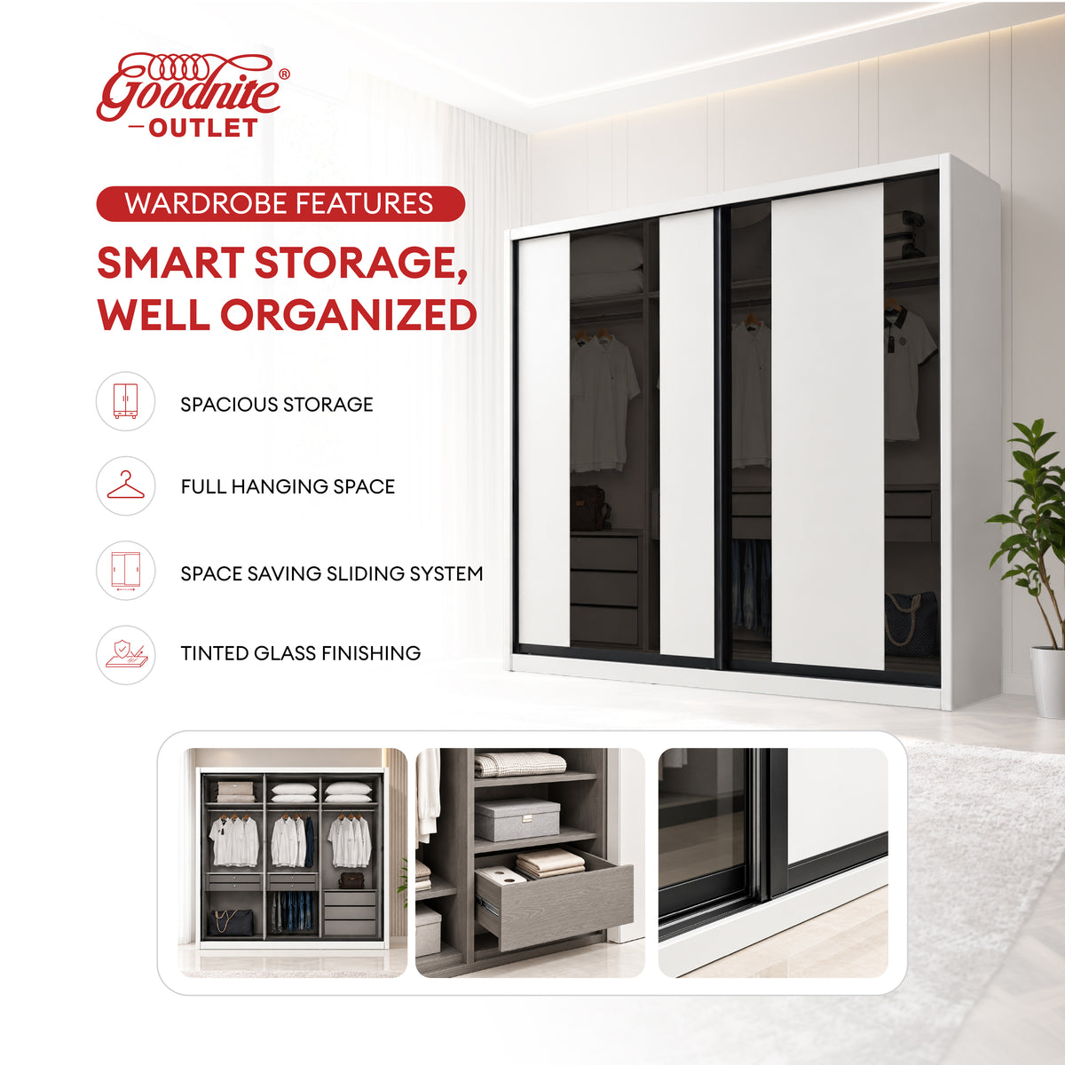 Goodnite Queen/ King Bedroom Set, Bedframe + Wardrobe + Dresser + Side Table (Kairo)