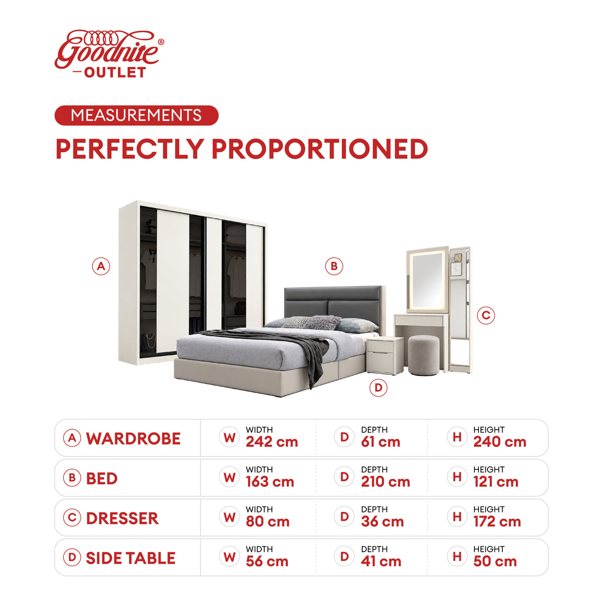 Goodnite Queen/ King Bedroom Set, Bedframe + Wardrobe + Dresser + Side Table (Kairo)