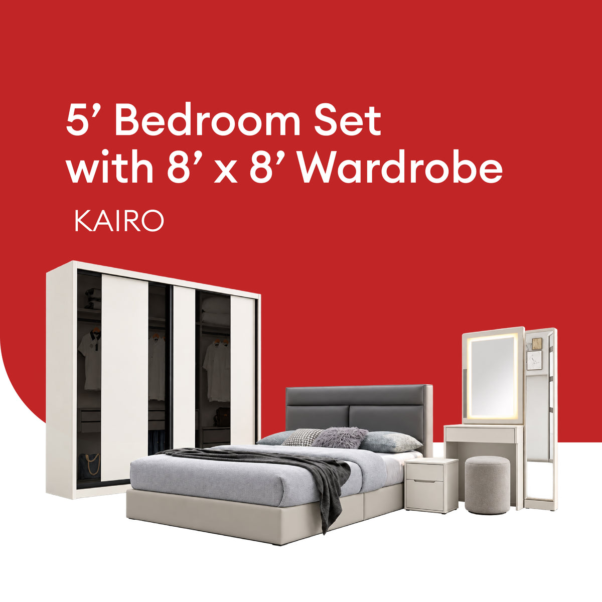 Goodnite Queen/ King Bedroom Set, Bedframe + Wardrobe + Dresser + Side Table (Kairo)