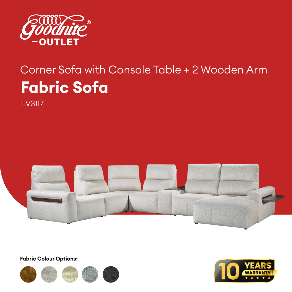 Goodnite Fabric Sofa (LV3117), Corner Sofa with Console Table+2 Wooden Arm/2L Sofa with Console Table+1 Wooden Arm/ 10 Years Warranty