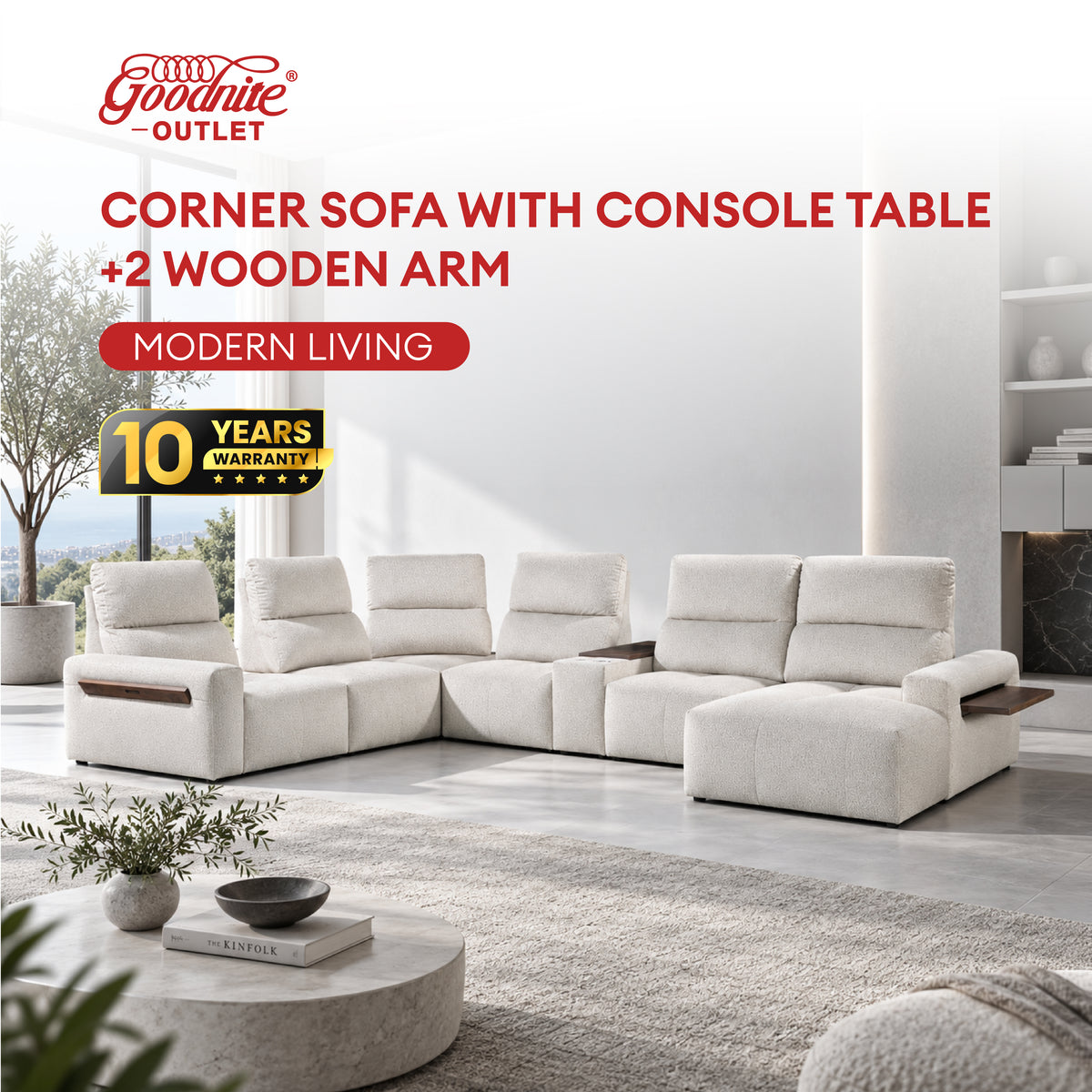 Goodnite Fabric Sofa (LV3117), Corner Sofa with Console Table+2 Wooden Arm/2L Sofa with Console Table+1 Wooden Arm/ 10 Years Warranty