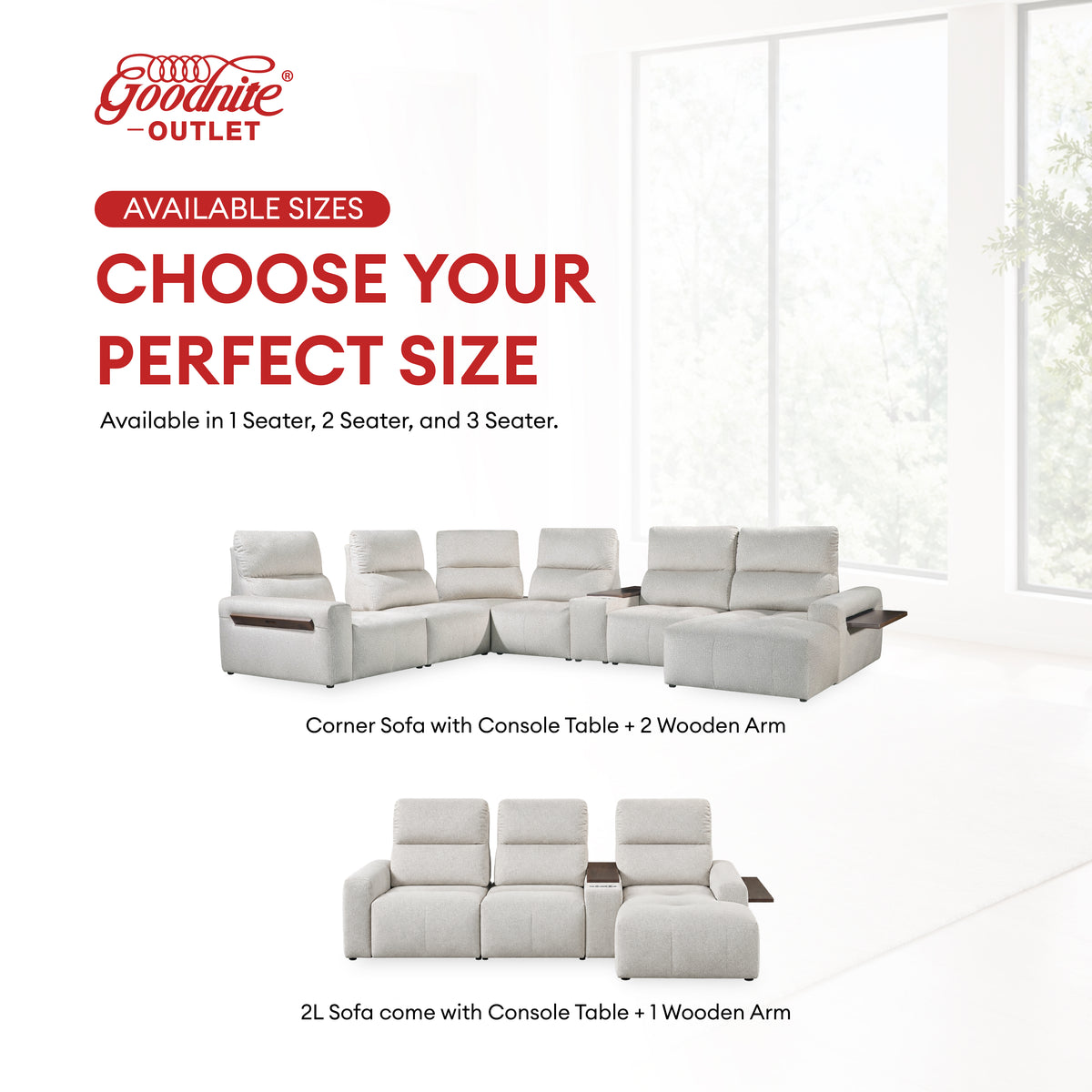 Goodnite Fabric Sofa (LV3117), Corner Sofa with Console Table+2 Wooden Arm/2L Sofa with Console Table+1 Wooden Arm/ 10 Years Warranty