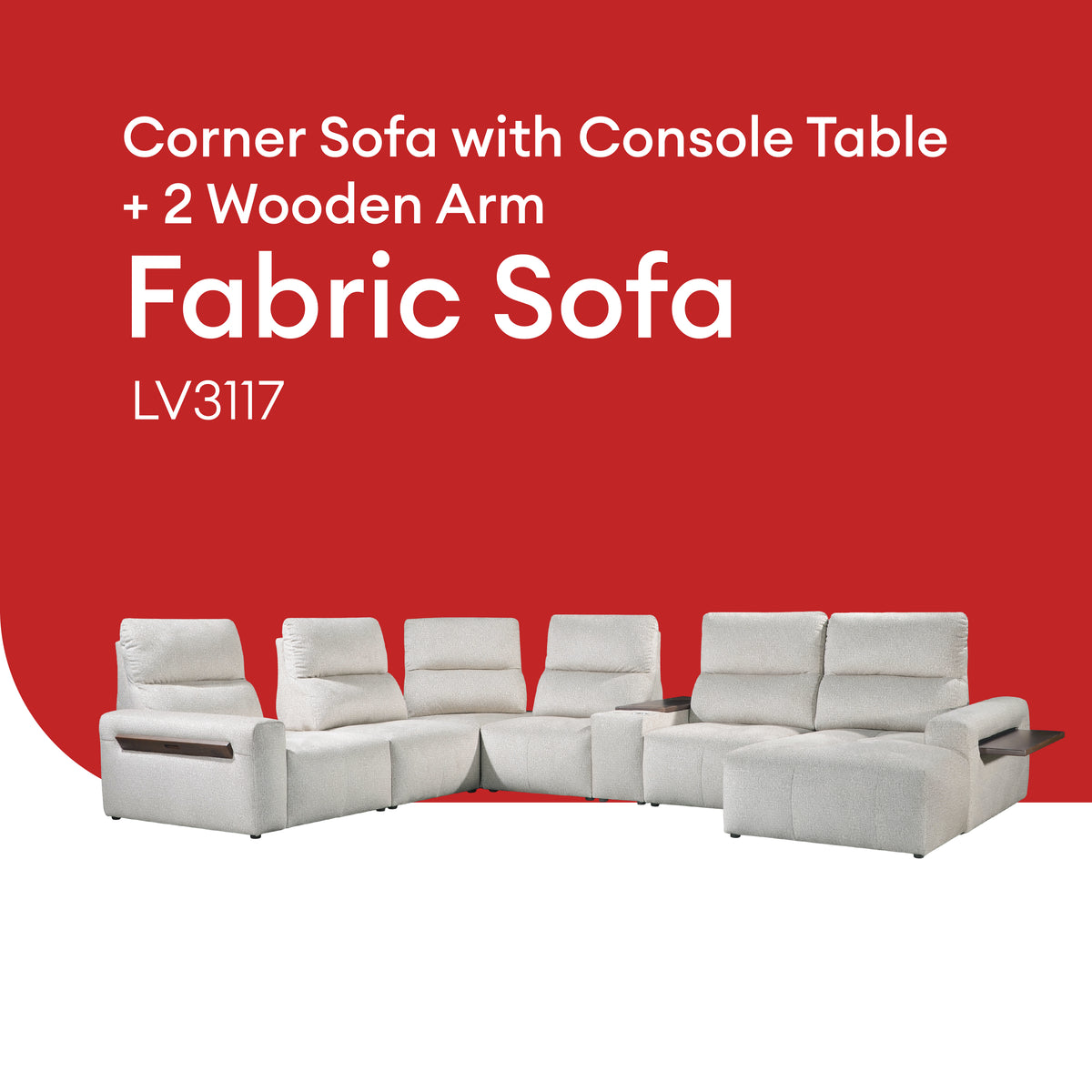 Goodnite Fabric Sofa (LV3117), Corner Sofa with Console Table+2 Wooden Arm/2L Sofa with Console Table+1 Wooden Arm/ 10 Years Warranty