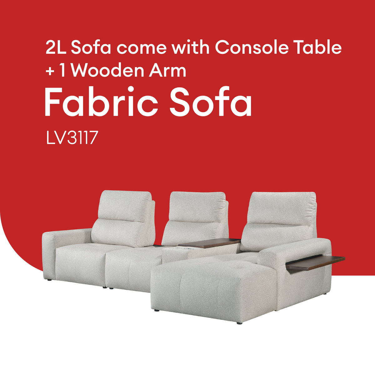 Goodnite Fabric Sofa (LV3117), Corner Sofa with Console Table+2 Wooden Arm/2L Sofa with Console Table+1 Wooden Arm/ 10 Years Warranty
