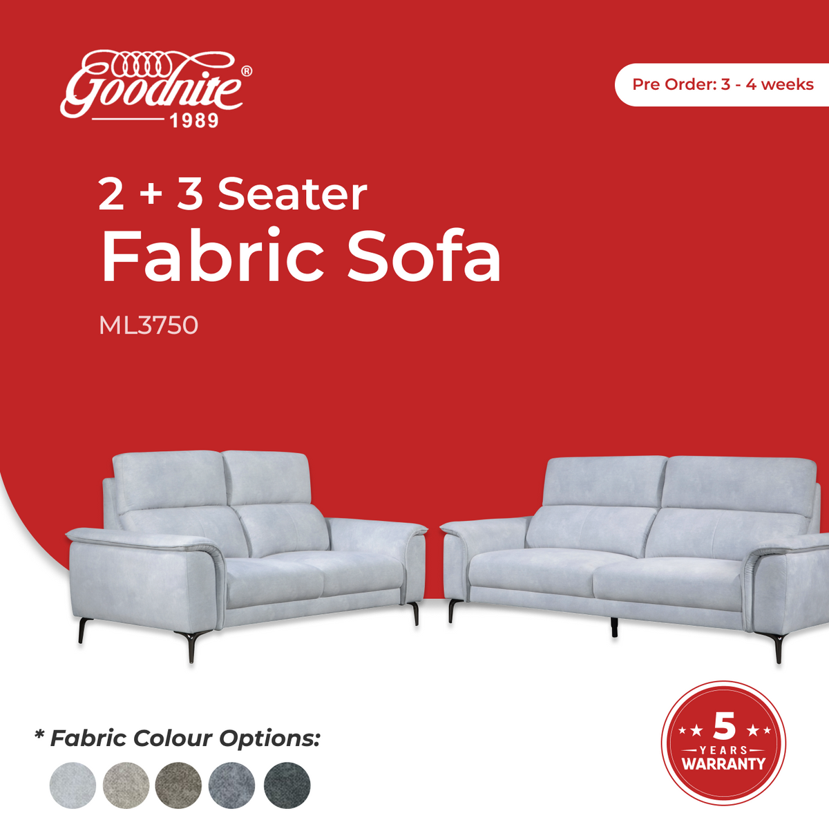 Goodnite Fabric Sofa (ML3750), 1 Seater/ 2 Seater/ 3 Seater & 2+3 Seater, 2.5 Years Warranty