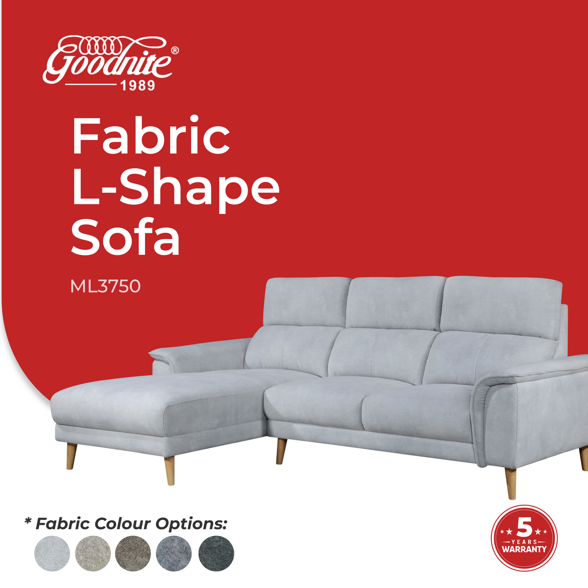 Goodnite Fabric L-Shape Sofa (ML3750), 5 Years Warranty