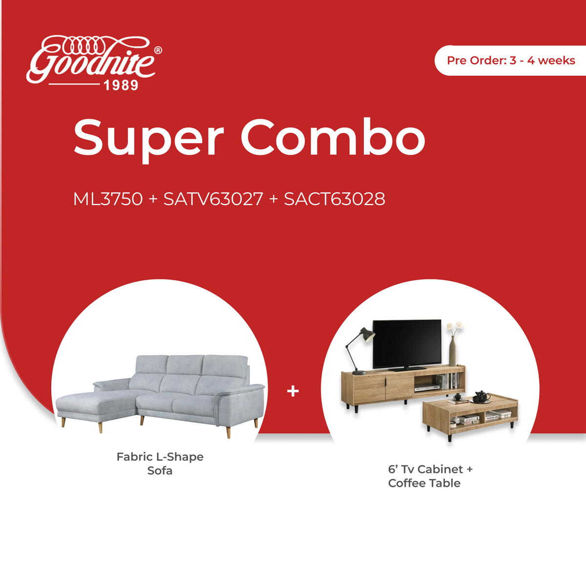 (Super Combo) Goodnite Fabric L-Shape Sofa (ML3750) + TV Cabinet + Coffee Table (SATV63027+SACT63028)