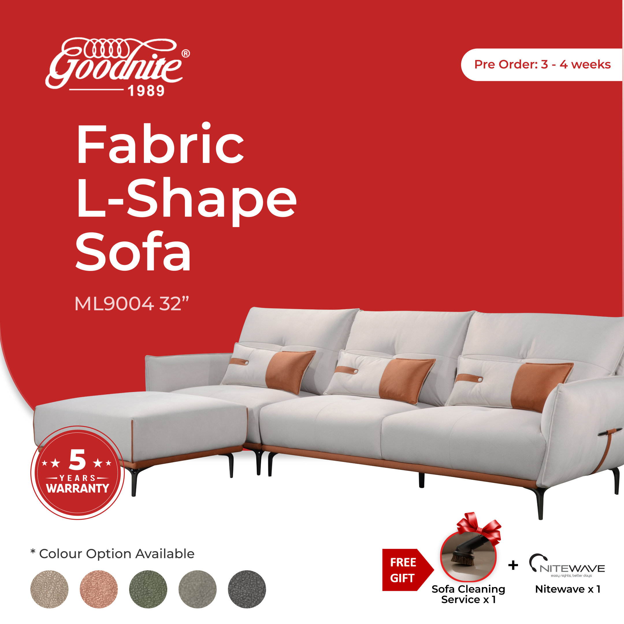 Goodnite Fabric L-Shape Sofa (ML9004), 5 Years Warranty