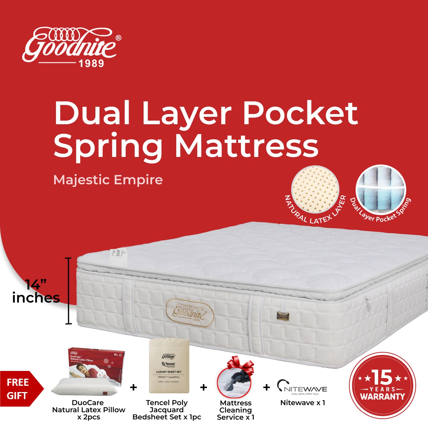 Goodnite Majestic Empire Dual Layer Pocket Spring Mattress (14 Inch) with with Single/ Super Single/ Queen/ King